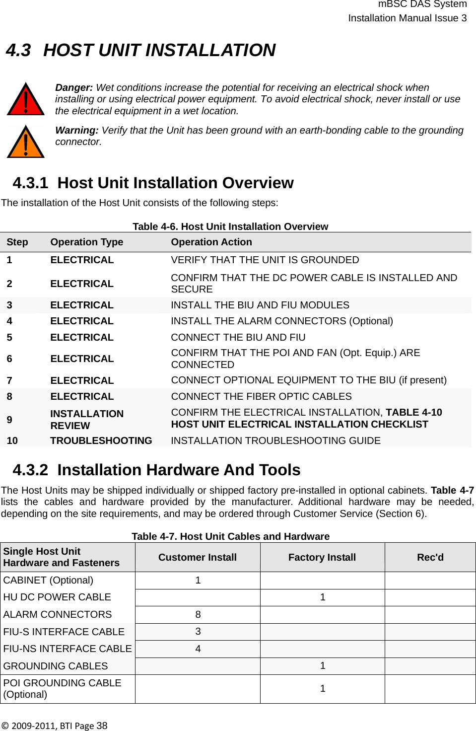 mBSC DAS SystemInstallation Manual Issue 3©2009‐2011,BTIPage38    4.3  HOST UNIT INSTALLATION   Danger: Wet conditions increase the potential for receiving an electrical shock when installing or using electrical power equipment. To avoid electrical shock, never install or use the electrical equipment in a wet location.  Warning: Verify that the Unit has been ground with an earth-bonding cable to the grounding connector.    4.3.1  Host Unit Installation Overview  The installation of the Host Unit consists of the following steps:  Table 4-6. Host Unit Installation Overview Step Operation Type Operation Action 1 ELECTRICAL VERIFY THAT THE UNIT IS GROUNDED  2 ELECTRICAL  CONFIRM THAT THE DC POWER CABLE IS INSTALLED AND SECURE  3 ELECTRICAL  INSTALL THE BIU AND FIU MODULES 4 ELECTRICAL  INSTALL THE ALARM CONNECTORS (Optional) 5 ELECTRICAL  CONNECT THE BIU AND FIU   6  ELECTRICAL CONFIRM THAT THE POI AND FAN (Opt. Equip.) ARE CONNECTED 7 ELECTRICAL CONNECT OPTIONAL EQUIPMENT TO THE BIU (if present) 8 ELECTRICAL CONNECT THE FIBER OPTIC CABLES 9  INSTALLATION REVIEW CONFIRM THE ELECTRICAL INSTALLATION, TABLE 4-10 HOST UNIT ELECTRICAL INSTALLATION CHECKLIST 10 TROUBLESHOOTING INSTALLATION TROUBLESHOOTING GUIDE  4.3.2  Installation Hardware And Tools  The Host Units may be shipped individually or shipped factory pre-installed in optional cabinets. Table 4-7 lists  the  cables  and  hardware  provided  by  the  manufacturer.  Additional  hardware  may  be  needed, depending on the site requirements, and may be ordered through Customer Service (Section 6).  Table 4-7. Host Unit Cables and Hardware Single Host Unit Hardware and Fasteners  Customer Install  Factory Install  Rec&apos;d 1    1  CABINET (Optional) HU DC POWER CABLE ALARM CONNECTORS 8   3    4    FIU-S INTERFACE CABLE FIU-NS INTERFACE CABLE GROUNDING CABLES  1  POI GROUNDING CABLE (Optional)   1  
