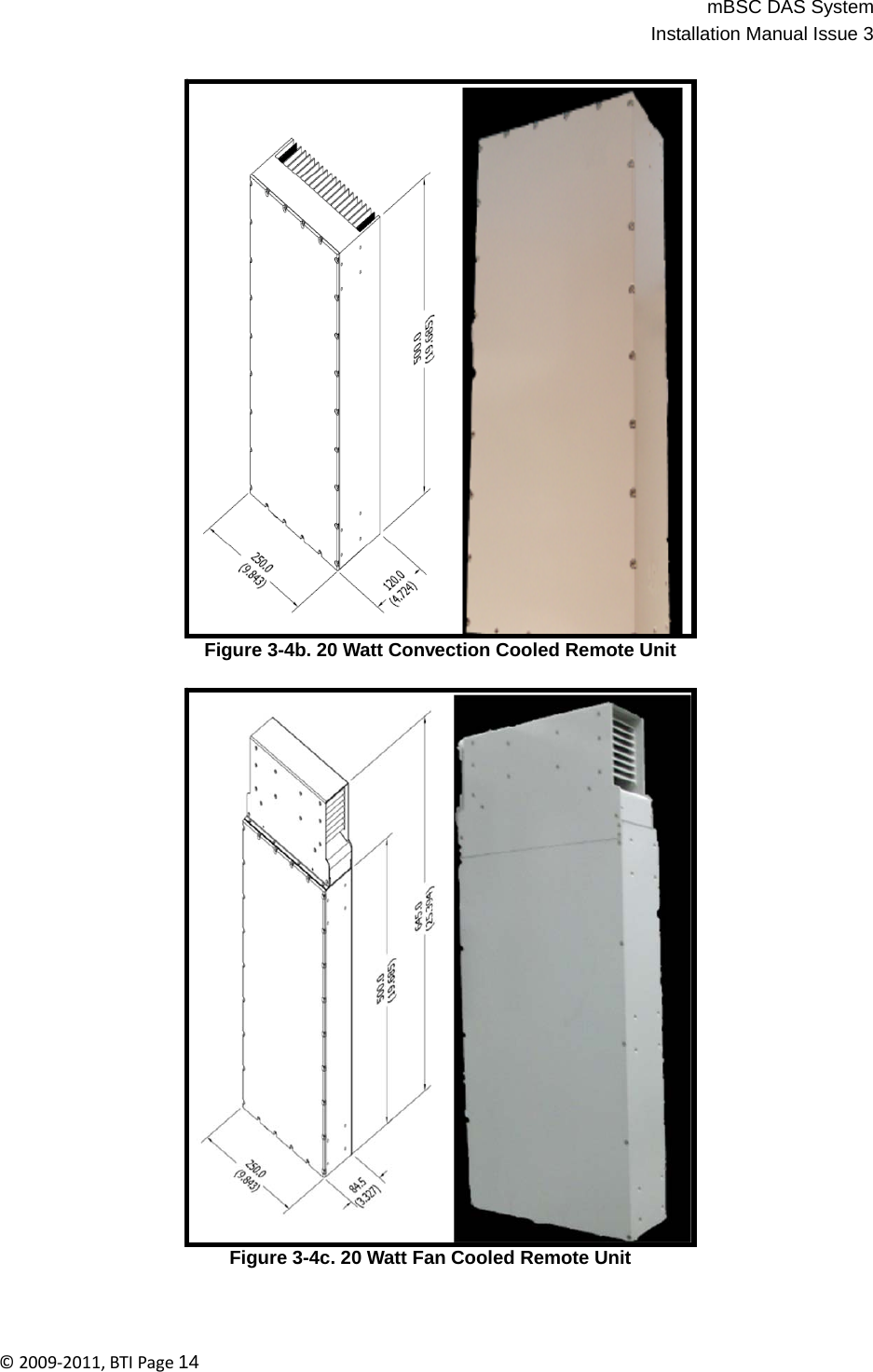 mBSC DAS SystemInstallation Manual Issue 3©2009‐2011,BTIPage14                                Figure 3-4b. 20 Watt Convection Cooled Remote Unit                                Figure 3-4c. 20 Watt Fan Cooled Remote Unit 