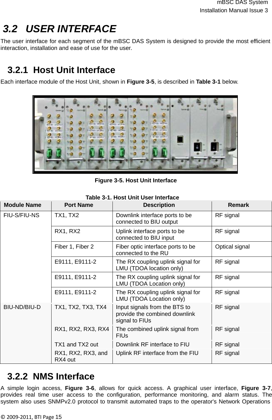 mBSC DAS SystemInstallation Manual Issue 3©2009‐2011,BTIPage15   Module Name Port Name Description Remark TX1, TX2 Downlink interface ports to be connected to BIU output RF signal RX1, RX2 Uplink interface ports to be connected to BIU input RF signal Fiber 1, Fiber 2 Fiber optic interface ports to be connected to the RU Optical signal E9111, E9111-2 The RX coupling uplink signal for LMU (TDOA location only) RF signal E9111, E9111-2 The RX coupling uplink signal for LMU (TDOA Location only) RF signal FIU-S/FIU-NS E9111, E9111-2 The RX coupling uplink signal for LMU (TDOA Location only) RF signal TX1, TX2, TX3, TX4 Input signals from the BTS to provide the combined downlink signal to FIUs RF signal RX1, RX2, RX3, RX4 The combined uplink signal from FIUs RF signal TX1 and TX2 out Downlink RF interface to FIU RF signal BIU-ND/BIU-D RX1, RX2, RX3, andRX4 out Uplink RF interface from the FIU RF signal 3.2 USER INTERFACE  The user interface for each segment of the mBSC DAS System is designed to provide the most efficient interaction, installation and ease of use for the user.   3.2.1  Host Unit Interface  Each interface module of the Host Unit, shown in Figure 3-5, is described in Table 3-1 below.                 Figure 3-5. Host Unit Interface   Table 3-1. Host Unit User Interface                               3.2.2  NMS Interface  A simple login access, Figure 3-6, allows for quick access. A graphical user interface, Figure 3-7, provides real time user access to the configuration, performance monitoring, and alarm status. The system also uses SNMPv2.0 protocol to transmit automated traps to the operator&apos;s Network Operations 