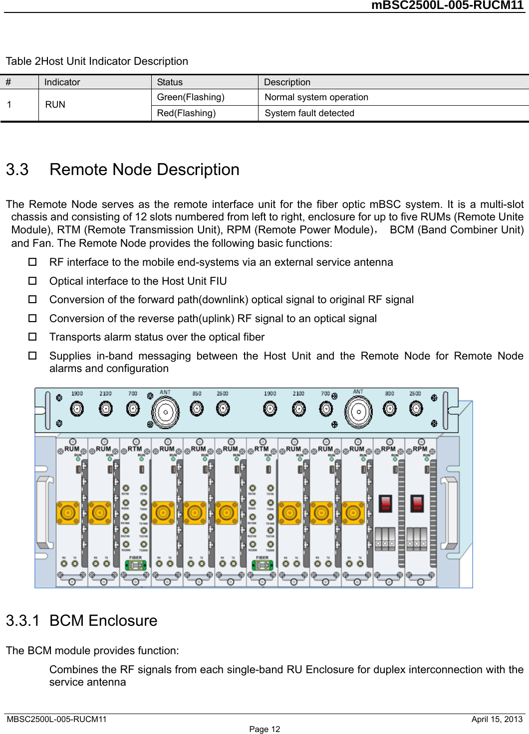         mBSC2500L-005-RUCM11   MBSC2500L-005-RUCM11                                April 15, 2013 Page 12 Table 2Host Unit Indicator Description #  Indicator  Status  Description Green(Flashing)  Normal system operation 1 RUN  Red(Flashing)  System fault detected  3.3  Remote Node Description The Remote Node serves as the remote interface unit for the fiber optic mBSC system. It is a multi-slot chassis and consisting of 12 slots numbered from left to right, enclosure for up to five RUMs (Remote Unite Module), RTM (Remote Transmission Unit), RPM (Remote Power Module)，  BCM (Band Combiner Unit) and Fan. The Remote Node provides the following basic functions:   RF interface to the mobile end-systems via an external service antenna   Optical interface to the Host Unit FIU   Conversion of the forward path(downlink) optical signal to original RF signal   Conversion of the reverse path(uplink) RF signal to an optical signal     Transports alarm status over the optical fiber   Supplies in-band messaging between the Host Unit and the Remote Node for Remote Node alarms and configuration  3.3.1  BCM Enclosure The BCM module provides function: Combines the RF signals from each single-band RU Enclosure for duplex interconnection with the service antenna  