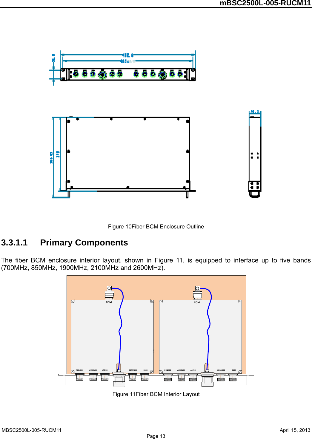         mBSC2500L-005-RUCM11   MBSC2500L-005-RUCM11                                April 15, 2013 Page 13   Figure 10Fiber BCM Enclosure Outline 3.3.1.1  Primary Componentn Figure 11, is equipped to interface up to five bands s The fiber BCM enclosure interior layout, shown i(700MHz, 850MHz, 1900MHz, 2100MHz and 2600MHz).    Figure 11Fiber BCM Interior Layout 
