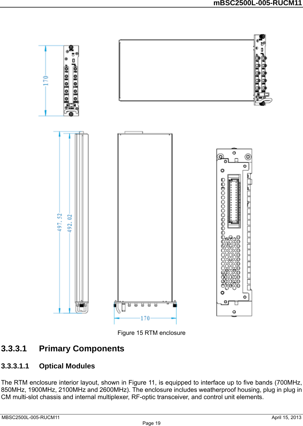         mBSC2500L-005-RUCM11   MBSC2500L-005-RUCM11                                April 15, 2013 Page 19  Figure 15 RTM enclosure 3.3.3.1  Primary Components 3.3.3.1.1  Optical Modules The RTM enclosure interior layout, shown in Figure 11, is equipped to interface up to five bands (700MHz, 850MHz, 1900MHz, 2100MHz and 2600MHz). The enclosure includes weatherproof housing, plug in plug in CM multi-slot chassis and internal multiplexer, RF-optic transceiver, and control unit elements. 