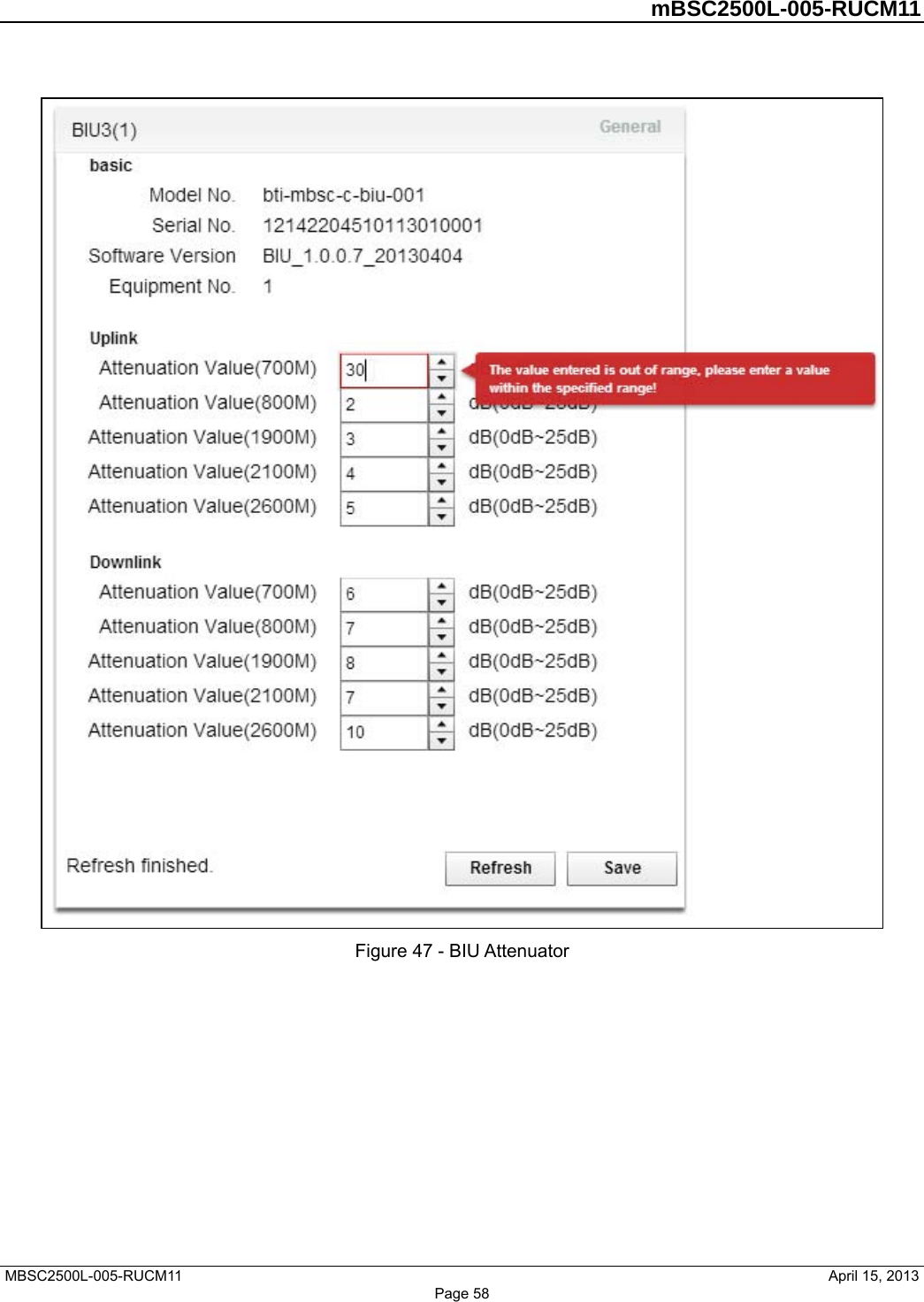         mBSC2500L-005-RUCM11   MBSC2500L-005-RUCM11                                April 15, 2013  Figure 47 - BIU Attenuator Page 58 