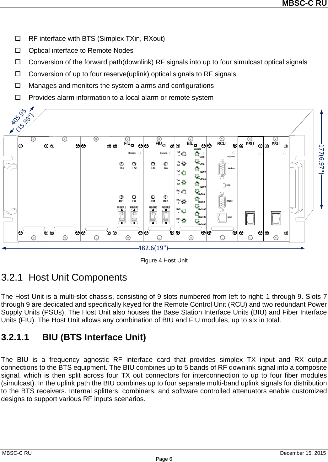 MBSC-C RU MBSC-C RU   December 15, 2015 Page 6 RF interface with BTS (Simplex TXin, RXout)  Optical interface to Remote Nodes  Conversion of the forward path(downlink) RF signals into up to four simulcast optical signals  Conversion of up to four reserve(uplink) optical signals to RF signals  Manages and monitors the system alarms and configurations   Provides alarm information to a local alarm or remote system PSU10PSU10177(6.97&quot;)482.6(19&quot;)405.95(15.98&quot;)FIUOpreateFIBER2TX2RX2FIBER1TX1RX1FIUOpreateFIBER2TX2RX2FIBER1TX1RX1BIUOpreateTx700Rx4INRx3INRx2INRx1INTx4OUTTx3OUTTx2OUTTx1OUTTx850Tx1900Tx2100Tx2600Rx700Rx850Rx1900Rx2100Rx2600RCUOpreateRJ45RS232ModemUSBFigure 4 Host Unit 3.2.1 Host Unit Components The Host Unit is a multi-slot chassis, consisting of 9 slots numbered from left to right: 1 through 9. Slots 7 through 9 are dedicated and specifically keyed for the Remote Control Unit (RCU) and two redundant Power Supply Units (PSUs). The Host Unit also houses the Base Station Interface Units (BIU) and Fiber Interface Units (FIU). The Host Unit allows any combination of BIU and FIU modules, up to six in total. 3.2.1.1 BIU (BTS Interface Unit) The  BIU is a frequency agnostic RF  interface card that provides simplex TX  input and RX  output connections to the BTS equipment. The BIU combines up to 5 bands of RF downlink signal into a composite signal, which is then split across four TX out connectors for interconnection to up to four fiber modules (simulcast). In the uplink path the BIU combines up to four separate multi-band uplink signals for distribution to the BTS receivers. Internal splitters, combiners, and software controlled attenuators enable customized designs to support various RF inputs scenarios. 