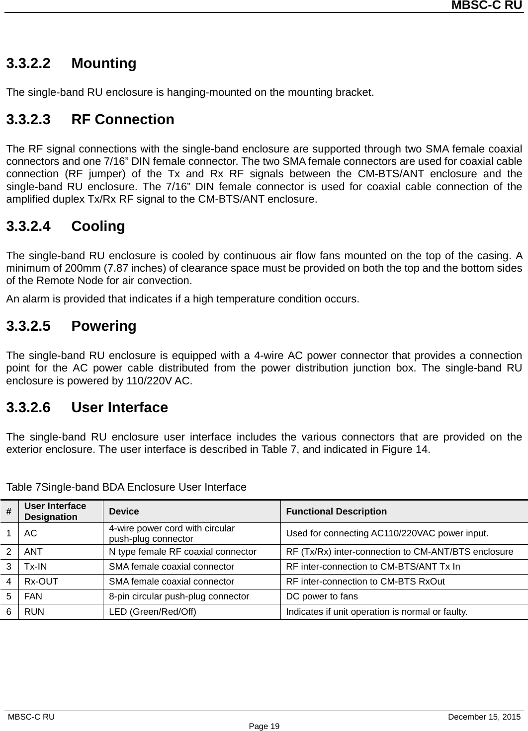          MBSC-C RU   MBSC-C RU                                     December 15, 2015 Page 19 3.3.2.2 Mounting The single-band RU enclosure is hanging-mounted on the mounting bracket. 3.3.2.3 RF Connection The RF signal connections with the single-band enclosure are supported through two SMA female coaxial connectors and one 7/16” DIN female connector. The two SMA female connectors are used for coaxial cable connection (RF jumper) of the Tx and  Rx RF signals  between the CM-BTS/ANT enclosure and the single-band  RU  enclosure. The 7/16” DIN female connector  is used for coaxial cable connection of the amplified duplex Tx/Rx RF signal to the CM-BTS/ANT enclosure. 3.3.2.4 Cooling The single-band RU enclosure is cooled by continuous air flow fans mounted on the top of the casing. A minimum of 200mm (7.87 inches) of clearance space must be provided on both the top and the bottom sides of the Remote Node for air convection.   An alarm is provided that indicates if a high temperature condition occurs. 3.3.2.5 Powering The single-band RU enclosure is equipped with a 4-wire AC power connector that provides a connection point for the AC power cable distributed from the power distribution junction  box. The single-band  RU enclosure is powered by 110/220V AC. 3.3.2.6 User Interface The single-band RU enclosure user interface includes the various connectors that are provided on the exterior enclosure. The user interface is described in Table 7, and indicated in Figure 14.  Table 7Single-band BDA Enclosure User Interface # User Interface Designation Device Functional Description 1  AC 4-wire power cord with circular push-plug connector Used for connecting AC110/220VAC power input. 2  ANT N type female RF coaxial connector RF (Tx/Rx) inter-connection to CM-ANT/BTS enclosure 3  Tx-IN SMA female coaxial connector RF inter-connection to CM-BTS/ANT Tx In 4  Rx-OUT SMA female coaxial connector RF inter-connection to CM-BTS RxOut 5  FAN  8-pin circular push-plug connector DC power to fans 6  RUN LED (Green/Red/Off) Indicates if unit operation is normal or faulty. 