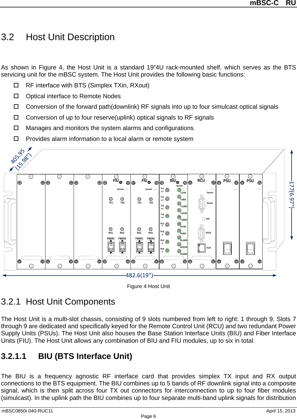          mBSC-C  RU   mBSC0850i-040-RUC11                                April 15, 2013 Page 6 3.2 Host Unit Description As shown in Figure 4, the Host Unit is a standard 19”4U rack-mounted shelf, which serves as the BTS servicing unit for the mBSC system. The Host Unit provides the following basic functions:  RF interface with BTS (Simplex TXin, RXout)  Optical interface to Remote Nodes  Conversion of the forward path(downlink) RF signals into up to four simulcast optical signals  Conversion of up to four reserve(uplink) optical signals to RF signals  Manages and monitors the system alarms and configurations   Provides alarm information to a local alarm or remote system  Figure 4 Host Unit 3.2.1 Host Unit Components The Host Unit is a multi-slot chassis, consisting of 9 slots numbered from left to right: 1 through 9. Slots 7 through 9 are dedicated and specifically keyed for the Remote Control Unit (RCU) and two redundant Power Supply Units (PSUs). The Host Unit also houses the Base Station Interface Units (BIU) and Fiber Interface Units (FIU). The Host Unit allows any combination of BIU and FIU modules, up to six in total. 3.2.1.1 BIU (BTS Interface Unit) The  BIU is a frequency agnostic RF  interface card that provides simplex TX  input and RX  output connections to the BTS equipment. The BIU combines up to 5 bands of RF downlink signal into a composite signal, which is then split across four TX out connectors for interconnection to up to four fiber modules (simulcast). In the uplink path the BIU combines up to four separate multi-band uplink signals for distribution PSU10PSU10177(6.97&quot;)482.6(19&quot;)405.95(15.98&quot;)FIUOpreateFIBER2TX2RX2FIBER1TX1RX1FIUOpreateFIBER2TX2RX2FIBER1TX1RX1BIUOpreateTx700Rx4INRx3INRx2INRx1INTx4OUTTx3OUTTx2OUTTx1OUTTx850Tx1900Tx2100Tx2600Rx700Rx850Rx1900Rx2100Rx2600RCUOpreateRJ45RS232ModemUSB