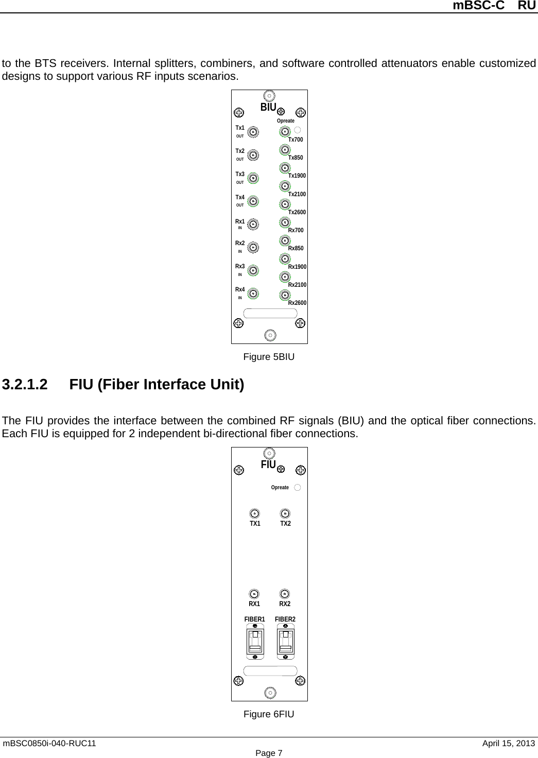          mBSC-C  RU   mBSC0850i-040-RUC11                                April 15, 2013 Page 7 to the BTS receivers. Internal splitters, combiners, and software controlled attenuators enable customized designs to support various RF inputs scenarios.  Figure 5BIU 3.2.1.2 FIU (Fiber Interface Unit) The FIU provides the interface between the combined RF signals (BIU) and the optical fiber connections. Each FIU is equipped for 2 independent bi-directional fiber connections.  Figure 6FIU BIUOpreateTx700Rx4INRx3INRx2INRx1INTx4OUTTx3OUTTx2OUTTx1OUTTx850Tx1900Tx2100Tx2600Rx700Rx850Rx1900Rx2100Rx2600FIUOpreateFIBER2TX2RX2FIBER1TX1RX1