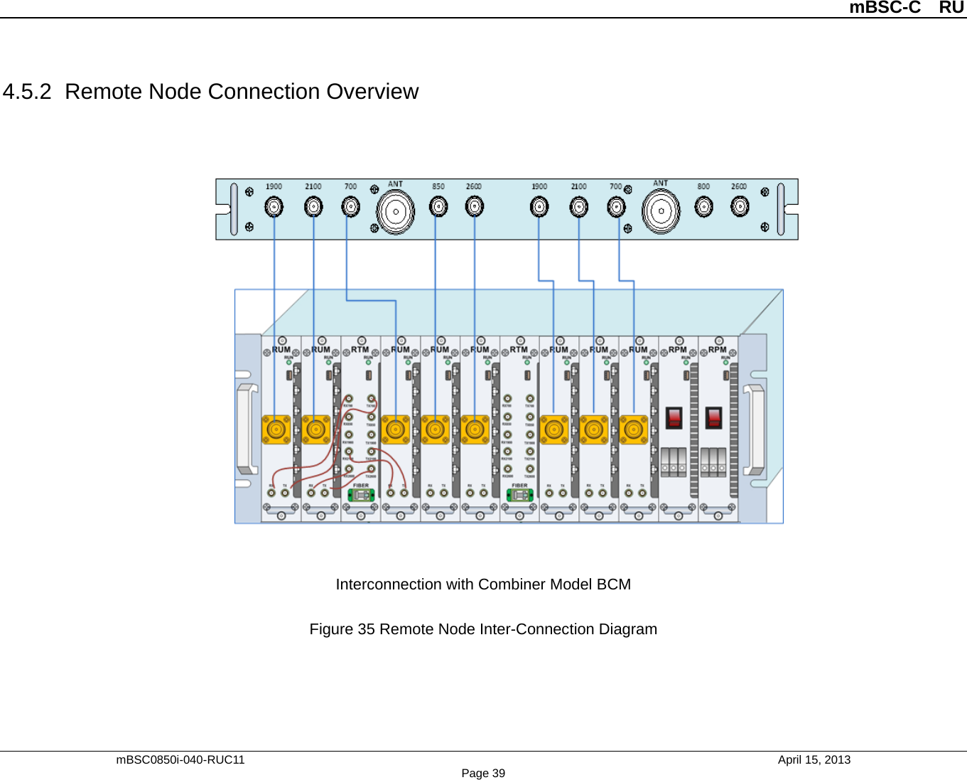          mBSC-C  RU   mBSC0850i-040-RUC11                                April 15, 2013 Page 39 4.5.2  Remote Node Connection Overview   Interconnection with Combiner Model BCM  Figure 35 Remote Node Inter-Connection Diagram  