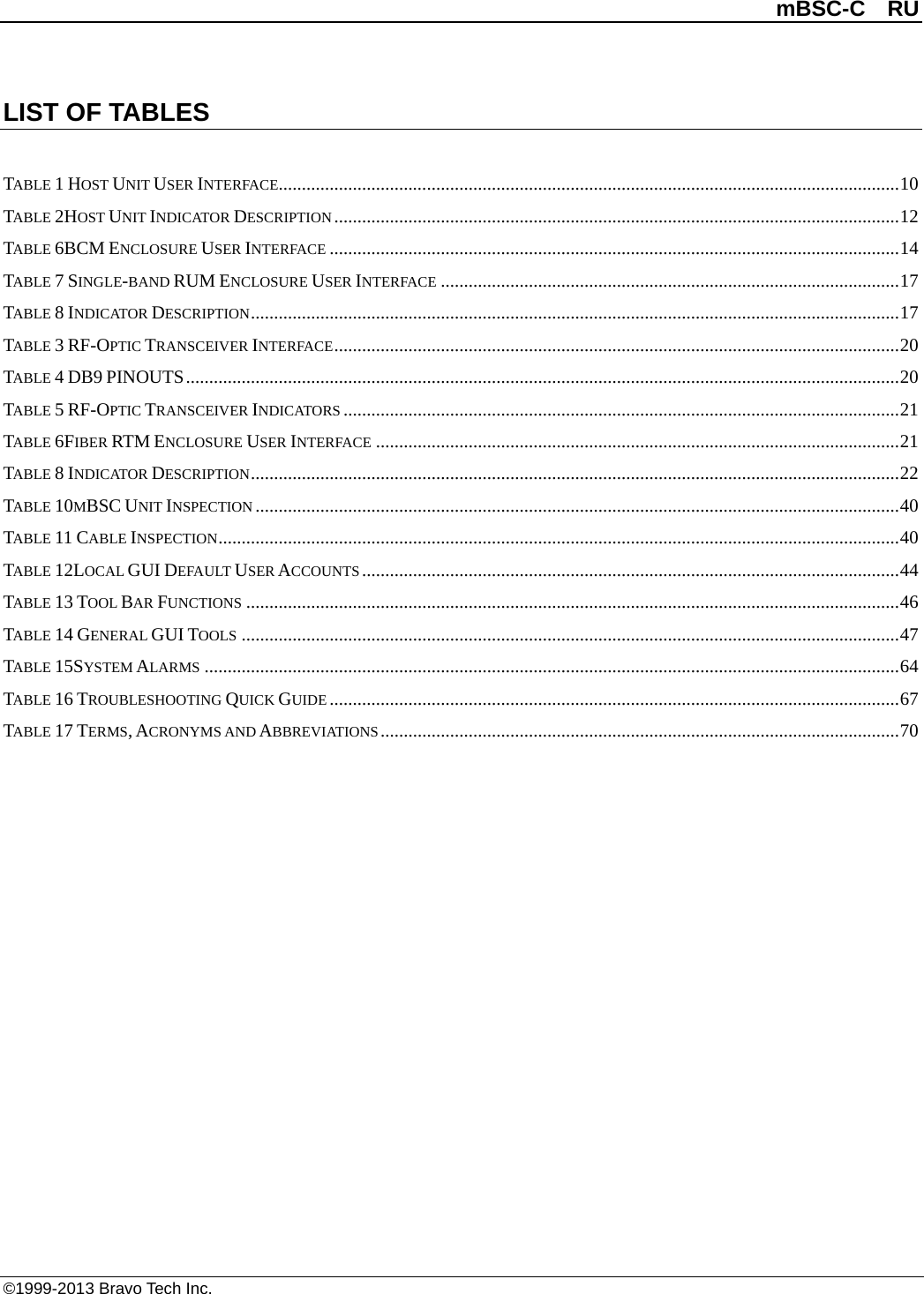 mBSC-C  RU ©1999-2013 Bravo Tech Inc. LIST OF TABLES TABLE 1 HOST UNIT USER INTERFACE...................................................................................................................................... 10 TABLE 2HOST UNIT INDICATOR DESCRIPTION .......................................................................................................................... 12 TABLE 6BCM ENCLOSURE USER INTERFACE ........................................................................................................................... 14 TABLE 7 SINGLE-BAND RUM ENCLOSURE USER INTERFACE ................................................................................................... 17 TABLE 8 INDICATOR DESCRIPTION ............................................................................................................................................ 17 TABLE 3 RF-OPTIC TRANSCEIVER INTERFACE .......................................................................................................................... 20 TABLE 4 DB9 PINOUTS .......................................................................................................................................................... 20 TABLE 5 RF-OPTIC TRANSCEIVER INDICATORS ........................................................................................................................ 21 TABLE 6FIBER RTM ENCLOSURE USER INTERFACE ................................................................................................................. 21 TABLE 8 INDICATOR DESCRIPTION ............................................................................................................................................ 22 TABLE 10MBSC UNIT INSPECTION ........................................................................................................................................... 40 TABLE 11 CABLE INSPECTION ................................................................................................................................................... 40 TABLE 12LOCAL GUI DEFAULT USER ACCOUNTS .................................................................................................................... 44 TABLE 13 TOOL BAR FUNCTIONS ............................................................................................................................................. 46 TABLE 14 GENERAL GUI TOOLS .............................................................................................................................................. 47 TABLE 15SYSTEM ALARMS ...................................................................................................................................................... 64 TABLE 16 TROUBLESHOOTING QUICK GUIDE ........................................................................................................................... 67 TABLE 17 TERMS, ACRONYMS AND ABBREVIATIONS ................................................................................................................ 70 