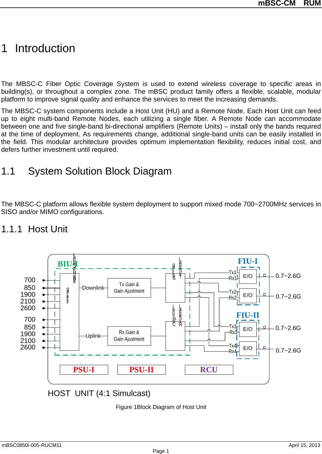          mBSC-CM  RUM   mBSC0850i-005-RUCM11                                 April 15, 2013 Page 1 1  Introduction The  MBSC-C  Fiber Optic Coverage  System is  used to extend wireless coverage to specific areas in building(s), or throughout a complex zone. The mBSC product family offers a flexible, scalable, modular platform to improve signal quality and enhance the services to meet the increasing demands. The MBSC-C system components include a Host Unit (HU) and a Remote Node. Each Host Unit can feed up to eight  multi-band  Remote  Nodes,  each  utilizing a  single fiber. A Remote Node can accommodate between one and five single-band bi-directional amplifiers (Remote Units) – install only the bands required at the time of deployment. As requirements change, additional single-band units can be easily installed in the field. This modular architecture provides optimum implementation flexibility, reduces initial cost,  and defers further investment until required. 1.1 System Solution Block Diagram The MBSC-C platform allows flexible system deployment to support mixed mode 700~2700MHz services in SISO and/or MIMO configurations. 1.1.1 Host Unit  Figure 1Block Diagram of Host Unit Band RF Signal Processing  FilteringE/OTx Gain &amp;Gain AjustmentTx Signal Splitting700Rx Gain &amp;Gain AjustmentRx Signal CombinerE/OE/OTx1DownlinkUplinkE/OTx2Tx3Tx4Rx1Rx2Rx3Rx4BIU-I FIU-IPSU-I PSU-II RCU0.7~2.6G0.7~2.6GFIU-IIHOST  UNIT (4:1 Simulcast)8501900210026007008501900210026000.7~2.6G0.7~2.6G