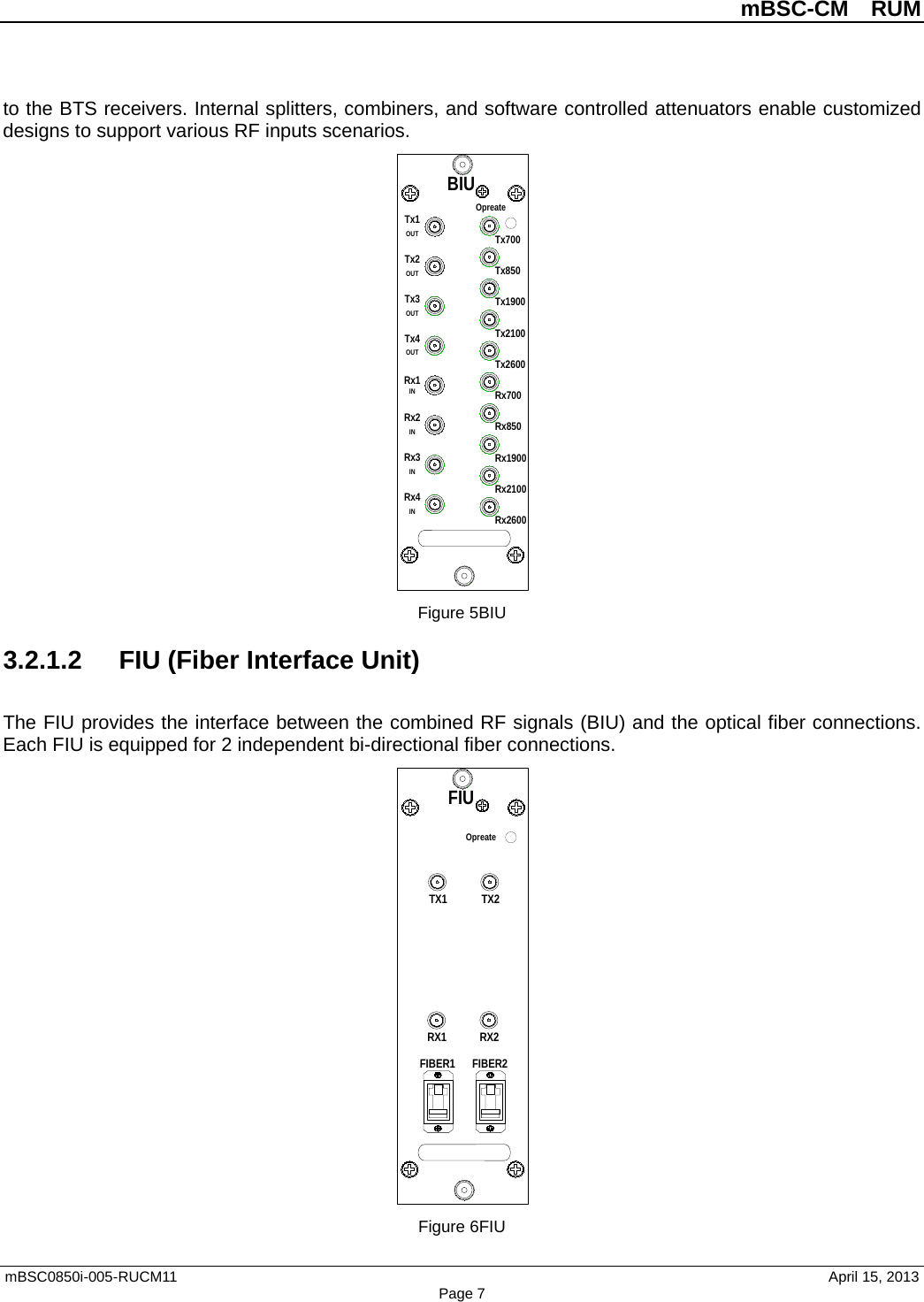          mBSC-CM  RUM   mBSC0850i-005-RUCM11                                 April 15, 2013 Page 7 to the BTS receivers. Internal splitters, combiners, and software controlled attenuators enable customized designs to support various RF inputs scenarios.  Figure 5BIU 3.2.1.2 FIU (Fiber Interface Unit) The FIU provides the interface between the combined RF signals (BIU) and the optical fiber connections. Each FIU is equipped for 2 independent bi-directional fiber connections.  Figure 6FIU BIUOpreateTx700Rx4INRx3INRx2INRx1INTx4OUTTx3OUTTx2OUTTx1OUTTx850Tx1900Tx2100Tx2600Rx700Rx850Rx1900Rx2100Rx2600FIUOpreateFIBER2TX2RX2FIBER1TX1RX1