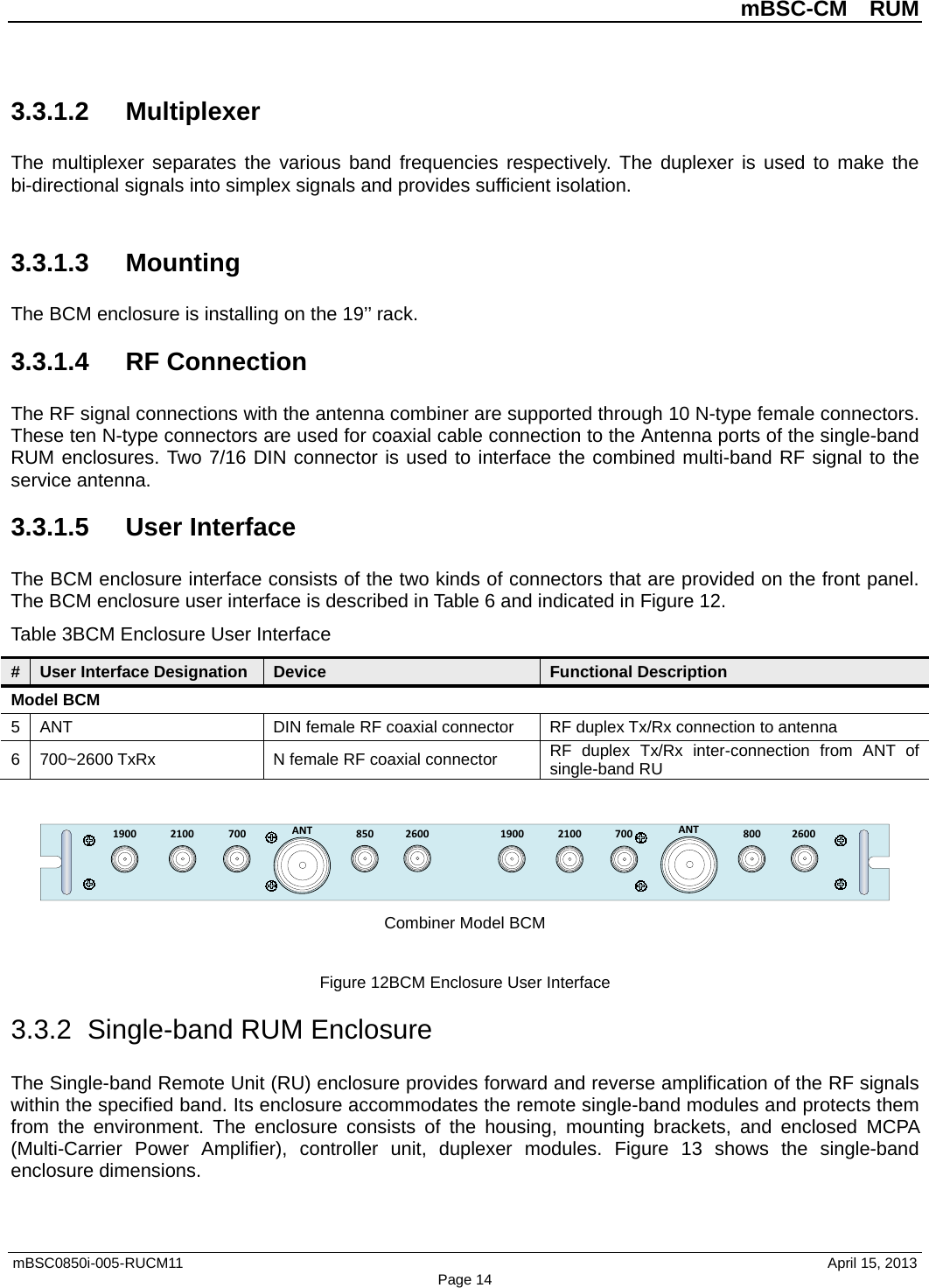          mBSC-CM  RUM   mBSC0850i-005-RUCM11                                 April 15, 2013 Page 14 3.3.1.2 Multiplexer The multiplexer separates the various band frequencies respectively. The duplexer is used to make the bi-directional signals into simplex signals and provides sufficient isolation.  3.3.1.3 Mounting The BCM enclosure is installing on the 19’’ rack. 3.3.1.4 RF Connection The RF signal connections with the antenna combiner are supported through 10 N-type female connectors. These ten N-type connectors are used for coaxial cable connection to the Antenna ports of the single-band RUM enclosures. Two 7/16 DIN connector is used to interface the combined multi-band RF signal to the service antenna. 3.3.1.5 User Interface The BCM enclosure interface consists of the two kinds of connectors that are provided on the front panel. The BCM enclosure user interface is described in Table 6 and indicated in Figure 12. Table 3BCM Enclosure User Interface # User Interface Designation Device Functional Description Model BCM 5  ANT DIN female RF coaxial connector RF duplex Tx/Rx connection to antenna 6  700~2600 TxRx N female RF coaxial connector RF  duplex  Tx/Rx inter-connection from ANT of single-band RU  1900 2100 700 ANT ANT70021001900850 8002600 2600 Combiner Model BCM  Figure 12BCM Enclosure User Interface 3.3.2  Single-band RUM Enclosure The Single-band Remote Unit (RU) enclosure provides forward and reverse amplification of the RF signals within the specified band. Its enclosure accommodates the remote single-band modules and protects them from the environment. The enclosure consists of the housing, mounting brackets, and enclosed MCPA (Multi-Carrier Power Amplifier),  controller unit, duplexer modules. Figure  13 shows the single-band enclosure dimensions. 