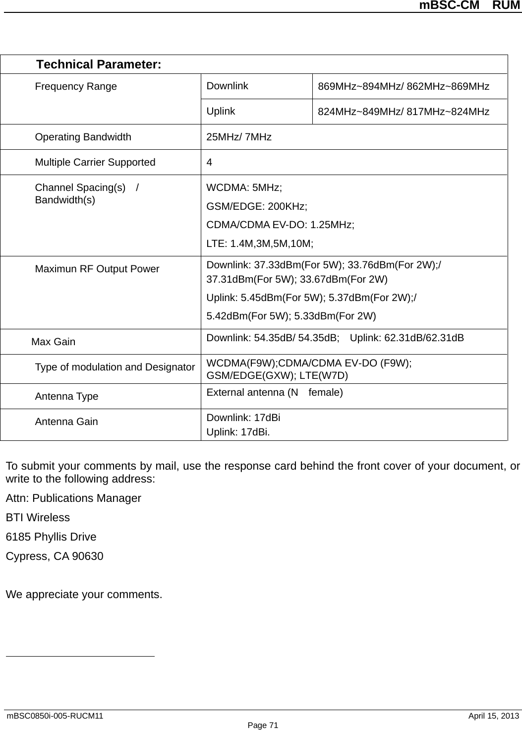 mBSC-CM  RUM mBSC0850i-005-RUCM11    April 15, 2013 Page 71Technical Parameter:Frequency Range  Downlink 869MHz~894MHz/ 862MHz~869MHz Uplink 824MHz~849MHz/ 817MHz~824MHz Operating Bandwidth 25MHz/ 7MHz Multiple Carrier Supported  4 Channel Spacing(s)  / Bandwidth(s) WCDMA: 5MHz; GSM/EDGE: 200KHz; CDMA/CDMA EV-DO: 1.25MHz; LTE: 1.4M,3M,5M,10M; Maximun RF Output Power Downlink: 37.33dBm(For 5W); 33.76dBm(For 2W);/ 37.31dBm(For 5W); 33.67dBm(For 2W) Uplink: 5.45dBm(For 5W); 5.37dBm(For 2W);/ 5.42dBm(For 5W); 5.33dBm(For 2W) Max Gain Downlink: 54.35dB/ 54.35dB;  Uplink: 62.31dB/62.31dB Type of modulation and Designator WCDMA(F9W);CDMA/CDMA EV-DO (F9W); GSM/EDGE(GXW); LTE(W7D) Antenna Type External antenna (N    female) Antenna Gain Downlink: 17dBi Uplink: 17dBi. To submit your comments by mail, use the response card behind the front cover of your document, or write to the following address: Attn: Publications Manager   BTI Wireless 6185 Phyllis Drive Cypress, CA 90630 We appreciate your comments. 