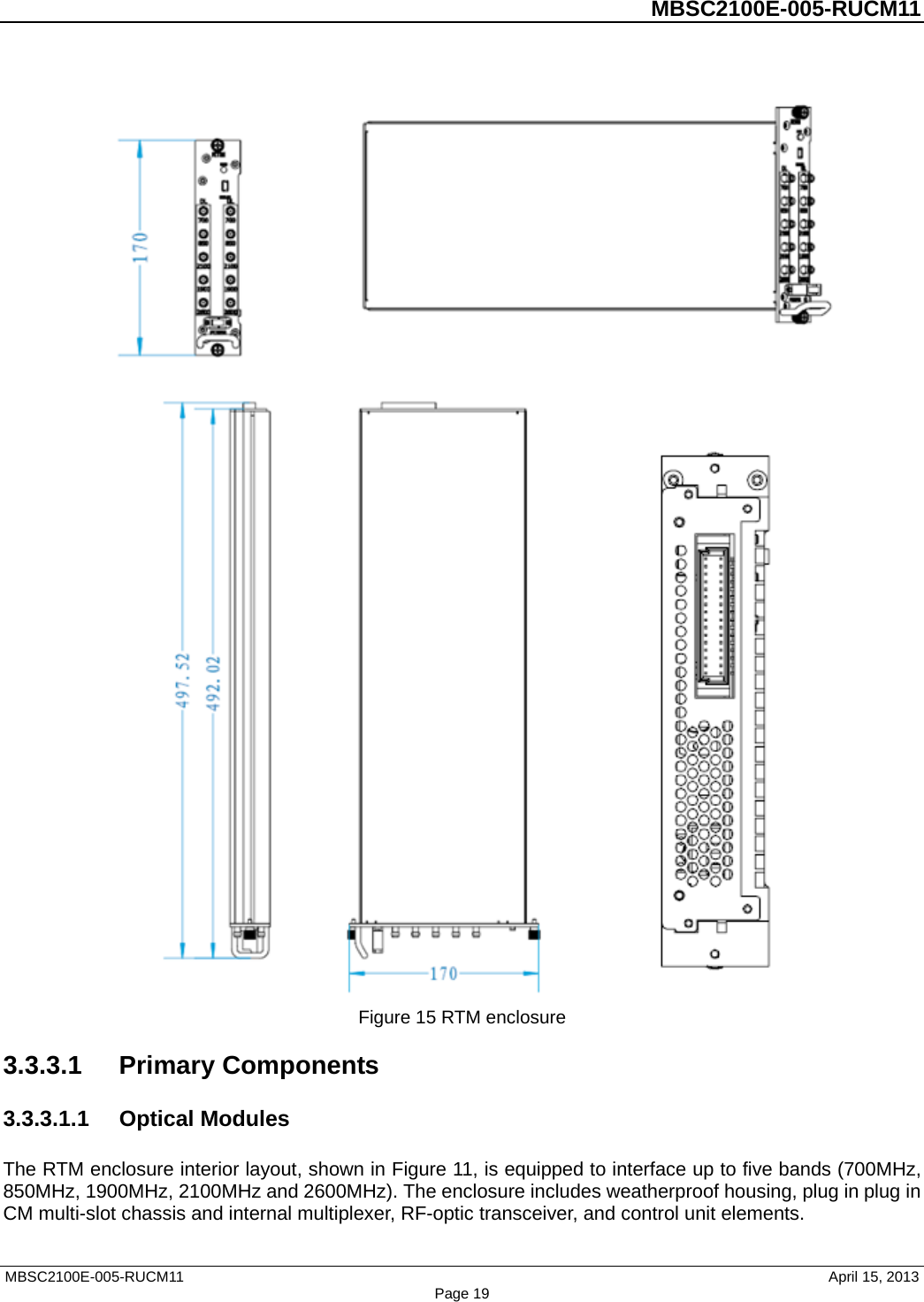         MBSC2100E-005-RUCM11    Figure 15 RTM enclosure 3.3.3.1 Primary Components 3.3.3.1.1 Optical Modules The RTM enclosure interior layout, shown in Figure 11, is equipped to interface up to five bands (700MHz, 850MHz, 1900MHz, 2100MHz and 2600MHz). The enclosure includes weatherproof housing, plug in plug in CM multi-slot chassis and internal multiplexer, RF-optic transceiver, and control unit elements. MBSC2100E-005-RUCM11                                April 15, 2013 Page 19 