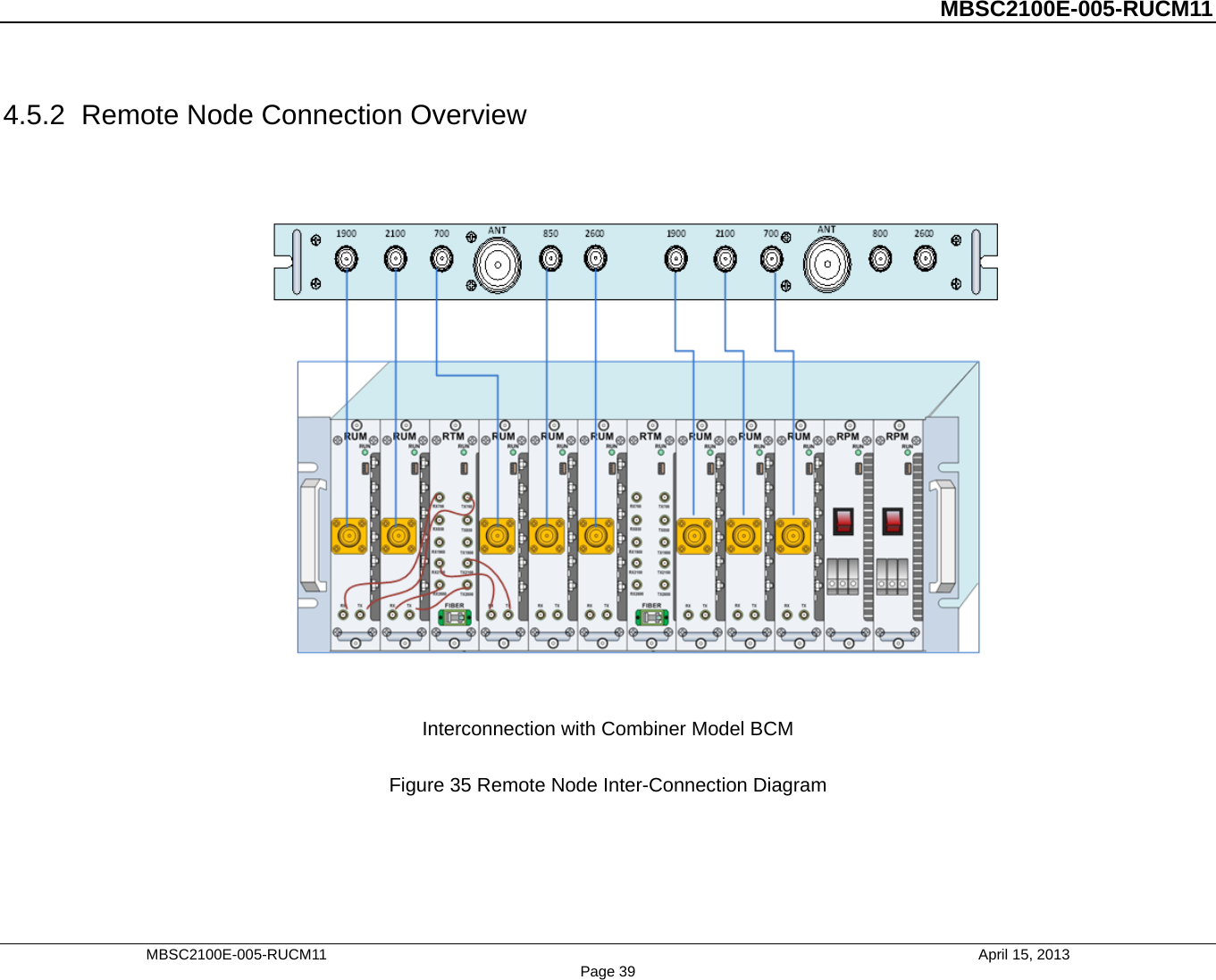          MBSC2100E-005-RUCM11   4.5.2 Remote Node Connection Overview   Interconnection with Combiner Model BCM  Figure 35 Remote Node Inter-Connection Diagram  MBSC2100E-005-RUCM11                                April 15, 2013 Page 39 