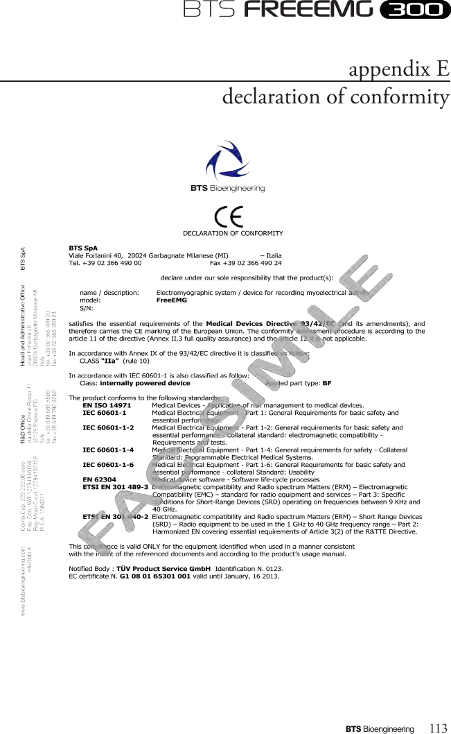 113BTS BioengineeringBTS FREEEMGappendix E declaration of conformity 