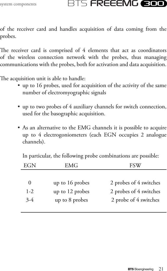 21BTS BioengineeringBTS FREEEMGsystem componentsof  the  receiver  card  and  handles  acquisition  of  data  coming  from  the probes.e  receiver  card  is  comprised  of  4  elements  that  act  as  coordinators of  the  wireless  connection  network  with  the  probes,  thus  managing communications with the probes, both for activation and data acquisition.e acquisition unit is able to handle:•  up to 16 probes, used for acquisition of the activity of the same number of electromyographic signals•  up to two probes of 4 auxiliary channels for switch connection, used for the basographic acquisition.  •  As an alternative to the EMG channels it is possible to acquire up  to  4  electrogoniometers  (each  EGN  occupies  2  analogue channels).  In particular, the following probe combinations are possible:EGN  EMG FSW0 up to 16 probes 2 probes of 4 switches1-2 up to 12 probes 2 probes of 4 switches3-4 up to 8 probes 2 probe of 4 switches