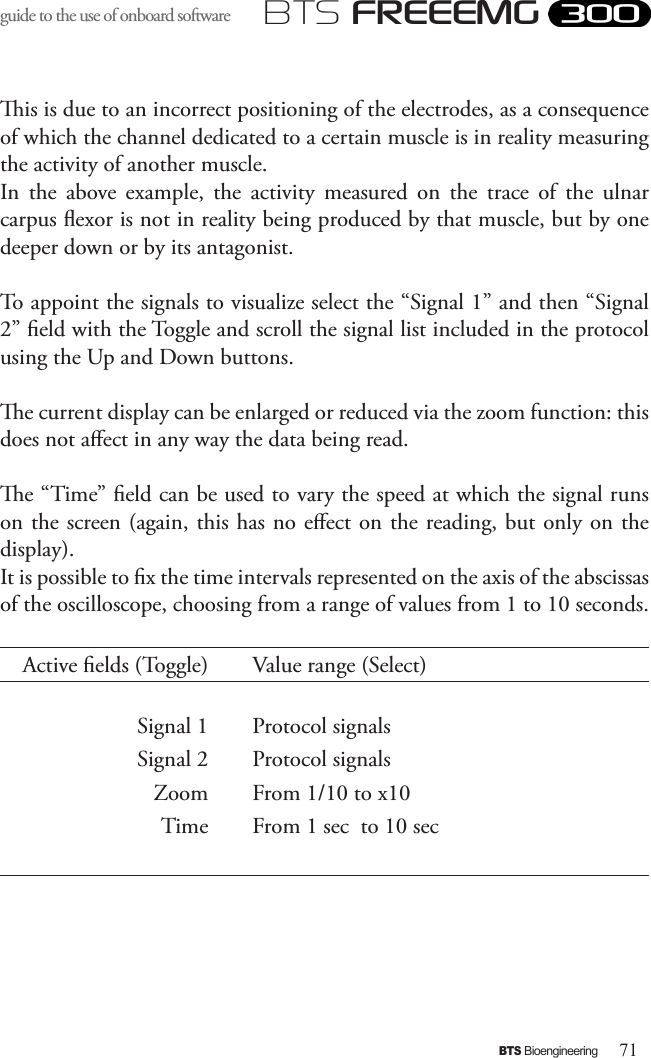 71BTS BioengineeringBTS FREEEMGguide to the use of onboard software is is due to an incorrect positioning of the electrodes, as a consequence of which the channel dedicated to a certain muscle is in reality measuring the activity of another muscle. In  the  above  example,  the  activity  measured  on  the  trace  of  the  ulnar carpus exor is not in reality being produced by that muscle, but by one deeper down or by its antagonist.To appoint the signals to visualize select the “Signal 1” and then “Signal 2” eld with the Toggle and scroll the signal list included in the protocol using the Up and Down buttons. e current display can be enlarged or reduced via the zoom function: this does not aect in any way the data being read. e “Time” eld can be used to vary the speed at which the signal runs on the screen (again, this has no eect on the reading, but only on the display).  It is possible to x the time intervals represented on the axis of the abscissas of the oscilloscope, choosing from a range of values from 1 to 10 seconds. Active elds (Toggle) Value range (Select)Signal 1 Protocol signalsSignal 2 Protocol signalsZoom From 1/10 to x10Time From 1 sec  to 10 sec