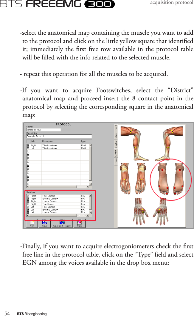 54BTS BioengineeringBTS FREEEMGacquisition protocol-select the anatomical map containing the muscle you want to add to the protocol and click on the little yellow square that identied it; immediately the rst free row available in the protocol table will be lled with the info related to the selected muscle.- repeat this operation for all the muscles to be acquired.-If  you  want  to  acquire  Footswitches,  select  the  “District” anatomical  map  and  proceed  insert  the  8  contact  point  in  the protocol by selecting the corresponding square in the anatomical map:-Finally, if you want to acquire electrogoniometers check the rst free line in the protocol table, click on the “Type” eld and select EGN among the voices available in the drop box menu: