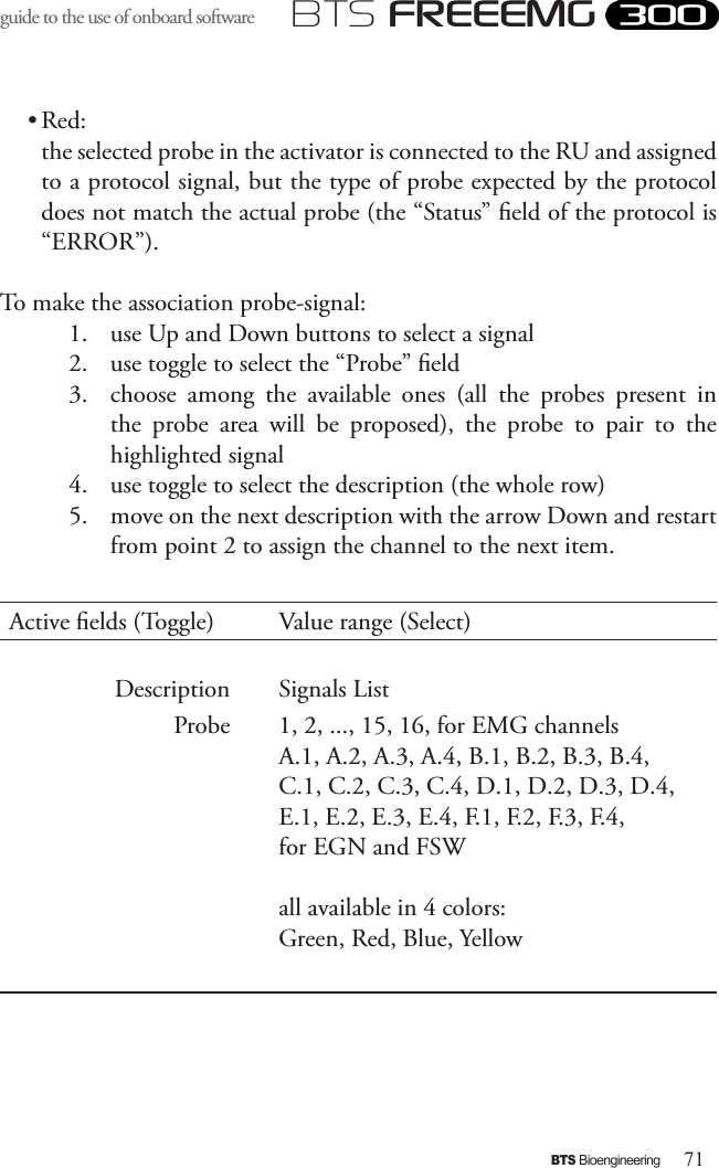 71BTS BioengineeringBTS FREEEMGguide to the use of onboard software • Red: the selected probe in the activator is connected to the RU and assigned to a protocol signal, but the type of probe expected by the protocol does not match the actual probe (the “Status” eld of the protocol is “ERROR”).To make the association probe-signal:1.  use Up and Down buttons to select a signal2.  use toggle to select the “Probe” eld3.  choose  among  the  available  ones  (all  the  probes  present  in the  probe  area  will  be  proposed),  the  probe  to  pair  to  the highlighted signal4.  use toggle to select the description (the whole row)5.  move on the next description with the arrow Down and restart from point 2 to assign the channel to the next item.Active elds (Toggle) Value range (Select)Description Signals ListProbe 1, 2, ..., 15, 16, for EMG channelsA.1, A.2, A.3, A.4, B.1, B.2, B.3, B.4, C.1, C.2, C.3, C.4, D.1, D.2, D.3, D.4, E.1, E.2, E.3, E.4, F.1, F.2, F.3, F.4, for EGN and FSWall available in 4 colors: Green, Red, Blue, Yellow