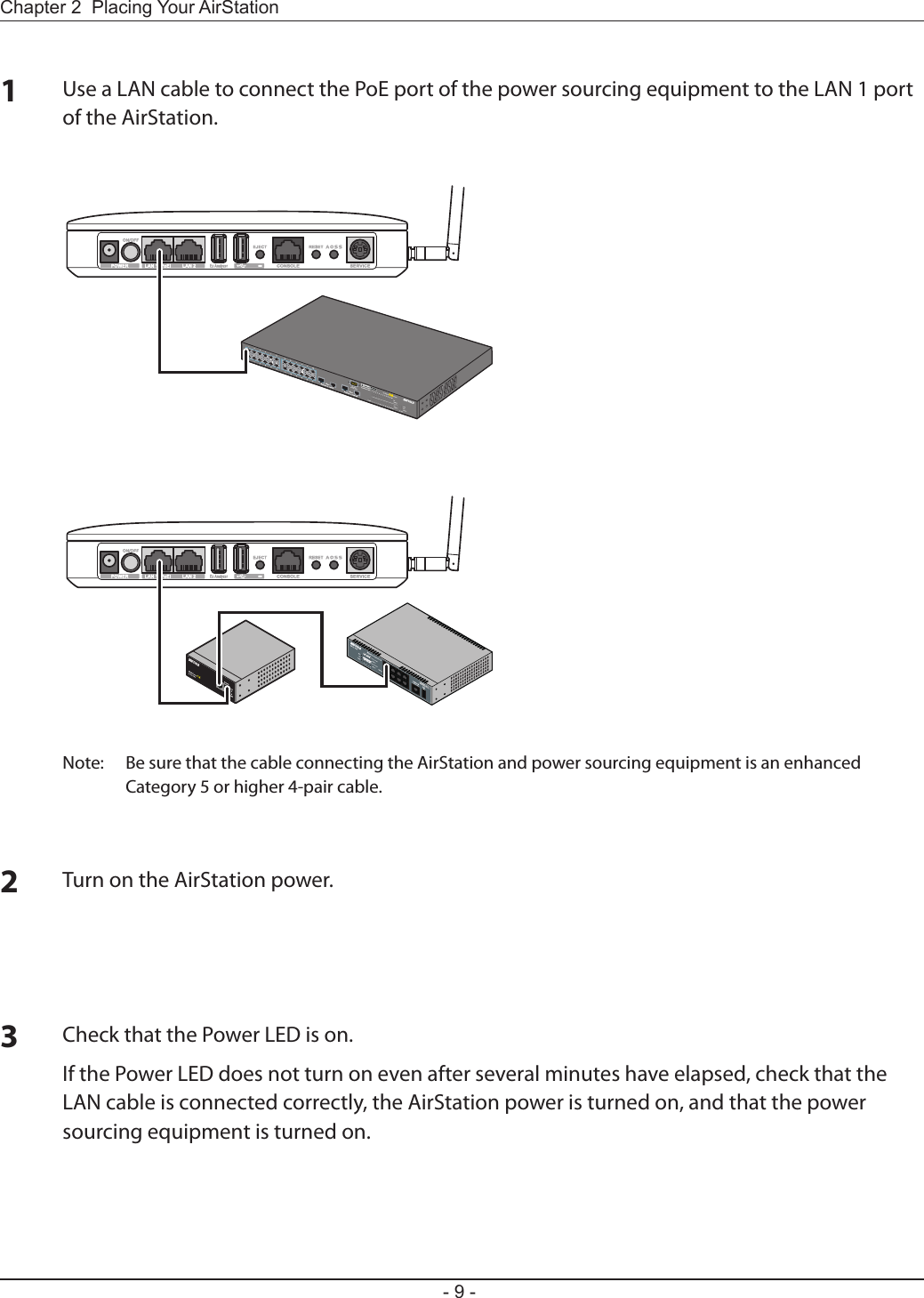 Chapter 2  Placing Your AirStation- 9 -1Use a LAN cable to connect the PoE port of the power sourcing equipment to the LAN 1 port of the AirStation.Note:  Be sure that the cable connecting the AirStation and power sourcing equipment is an enhanced Category 5 or higher 4-pair cable.2Turn on the AirStation power.3Check that the Power LED is on.If the Power LED does not turn on even after several minutes have elapsed, check that the LAN cable is connected correctly, the AirStation power is turned on, and that the power sourcing equipment is turned on.