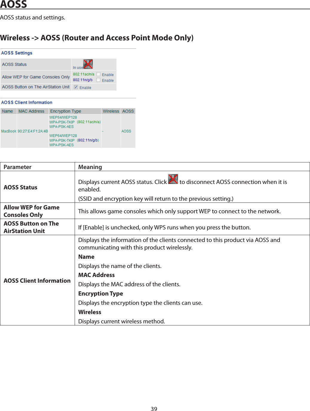 39AOSSAOSS status and settings.Wireless -&gt; AOSS (Router and Access Point Mode Only)Parameter MeaningAOSS Status Displays current AOSS status. Click   to disconnect AOSS connection when it is enabled.(SSID and encryption key will return to the previous setting.)Allow WEP for Game Consoles Only This allows game consoles which only support WEP to connect to the network.AOSS Button on The AirStation Unit If [Enable] is unchecked, only WPS runs when you press the button.AOSS Client InformationDisplays the information of the clients connected to this product via AOSS and communicating with this product wirelessly.NameDisplays the name of the clients.MAC AddressDisplays the MAC address of the clients.Encryption TypeDisplays the encryption type the clients can use.WirelessDisplays current wireless method.