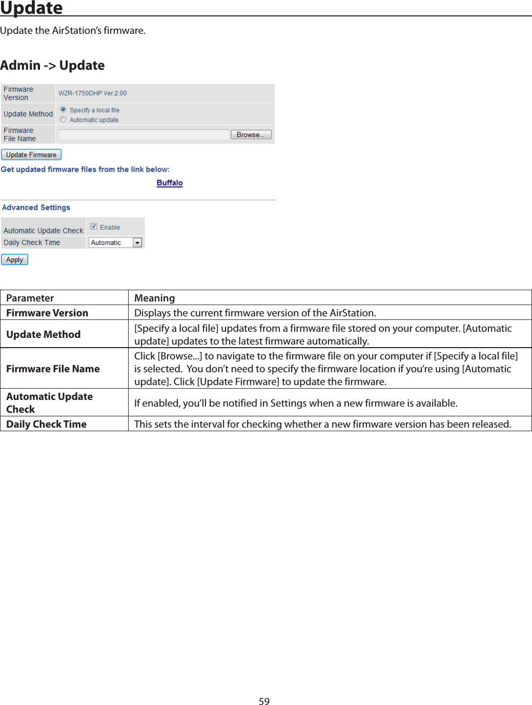 59UpdateUpdate the AirStation’s firmware.Admin -&gt; UpdateParameter MeaningFirmware Version Displays the current firmware version of the AirStation.Update Method [Specify a local file] updates from a firmware file stored on your computer. [Automatic update] updates to the latest firmware automatically.Firmware File NameClick [Browse...] to navigate to the firmware file on your computer if [Specify a local file] is selected.  You don’t need to specify the firmware location if you’re using [Automatic update]. Click [Update Firmware] to update the firmware.Automatic Update Check If enabled, you’ll be notified in Settings when a new firmware is available.Daily Check Time This sets the interval for checking whether a new firmware version has been released.