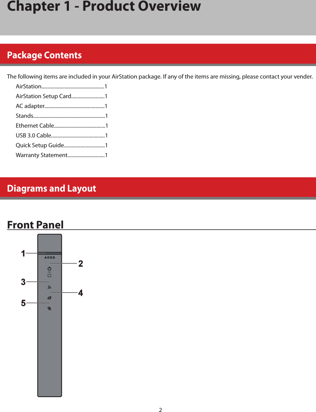 2 Chapter 1 - Product Overview  Package Contents  The following items are included in your AirStation package. If any of the items are missing, please contact your vender.  AirStation.................................................1  AirStation Setup Card..........................1  AC adapter...............................................1  Stands........................................................1  Ethernet Cable........................................1  USB 3.0 Cable..........................................1  Quick Setup Guide................................1  Warranty Statement.............................1    Diagrams and Layout  Front Panel    