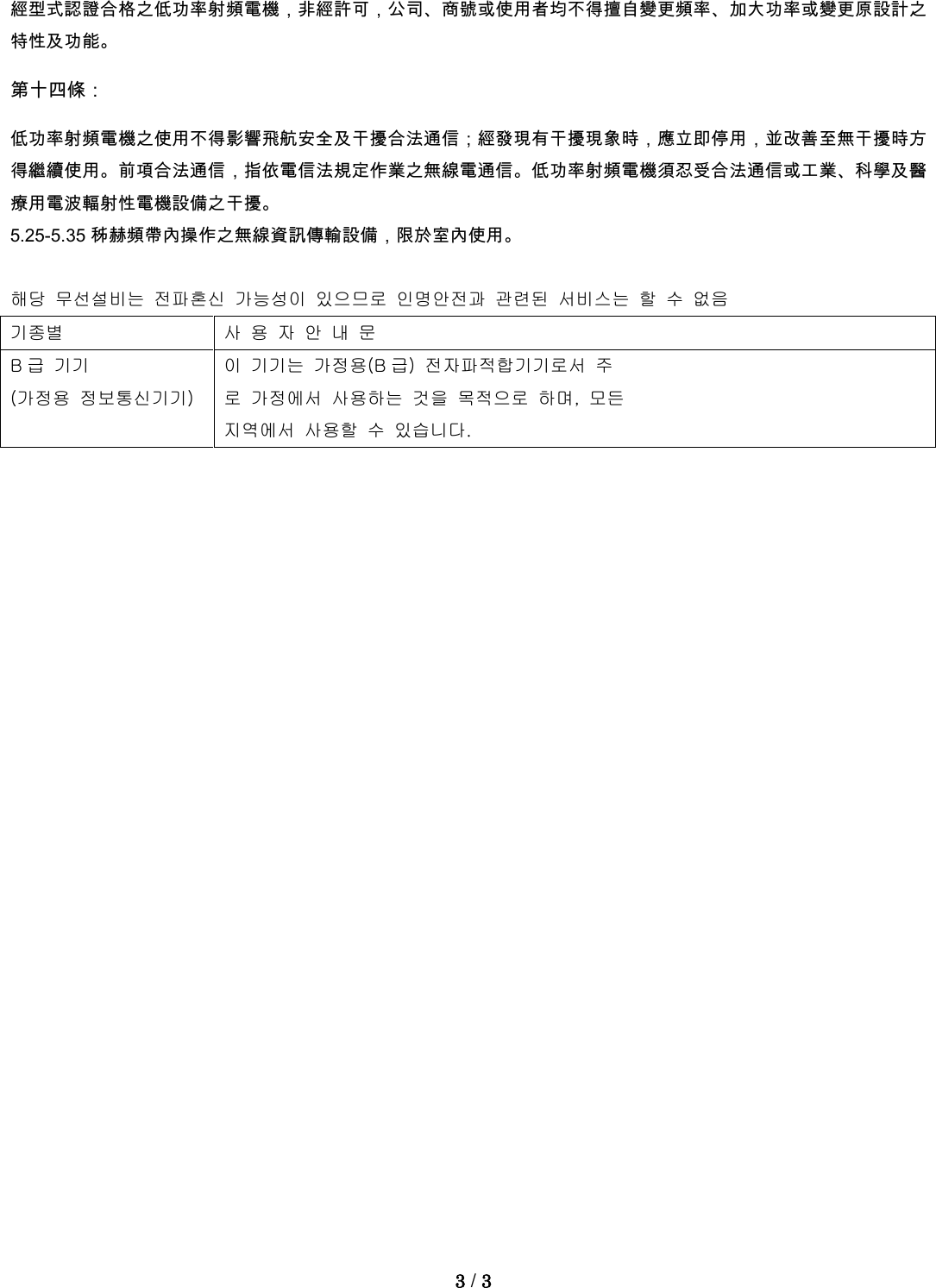 經型式認證合格之低功率射頻電機，非經許可，公司、商號或使用者均不得擅自變更頻率、加大功率或變更原設計之特性及功能。 第十四條： 低功率射頻電機之使用不得影響飛航安全及干擾合法通信；經發現有干擾現象時，應立即停用，並改善至無干擾時方得繼續使用。前項合法通信，指依電信法規定作業之無線電通信。低功率射頻電機須忍受合法通信或工業、科學及醫療用電波輻射性電機設備之干擾。 5.25-5.35 秭赫頻帶內操作之無線資訊傳輸設備，限於室內使用。  해당 무선설비는 전파혼신 가능성이 있으므로 인명안전과 관련된 서비스는 할 수 없음 기종별 사 용 자 안 내 문 B급 기기 (가정용 정보통신기기) 이 기기는 가정용(B 급)  전자파적합기기로서 주 로 가정에서 사용하는 것을 목적으로 하며,  모든 지역에서 사용할 수 있습니다.    3 / 3  