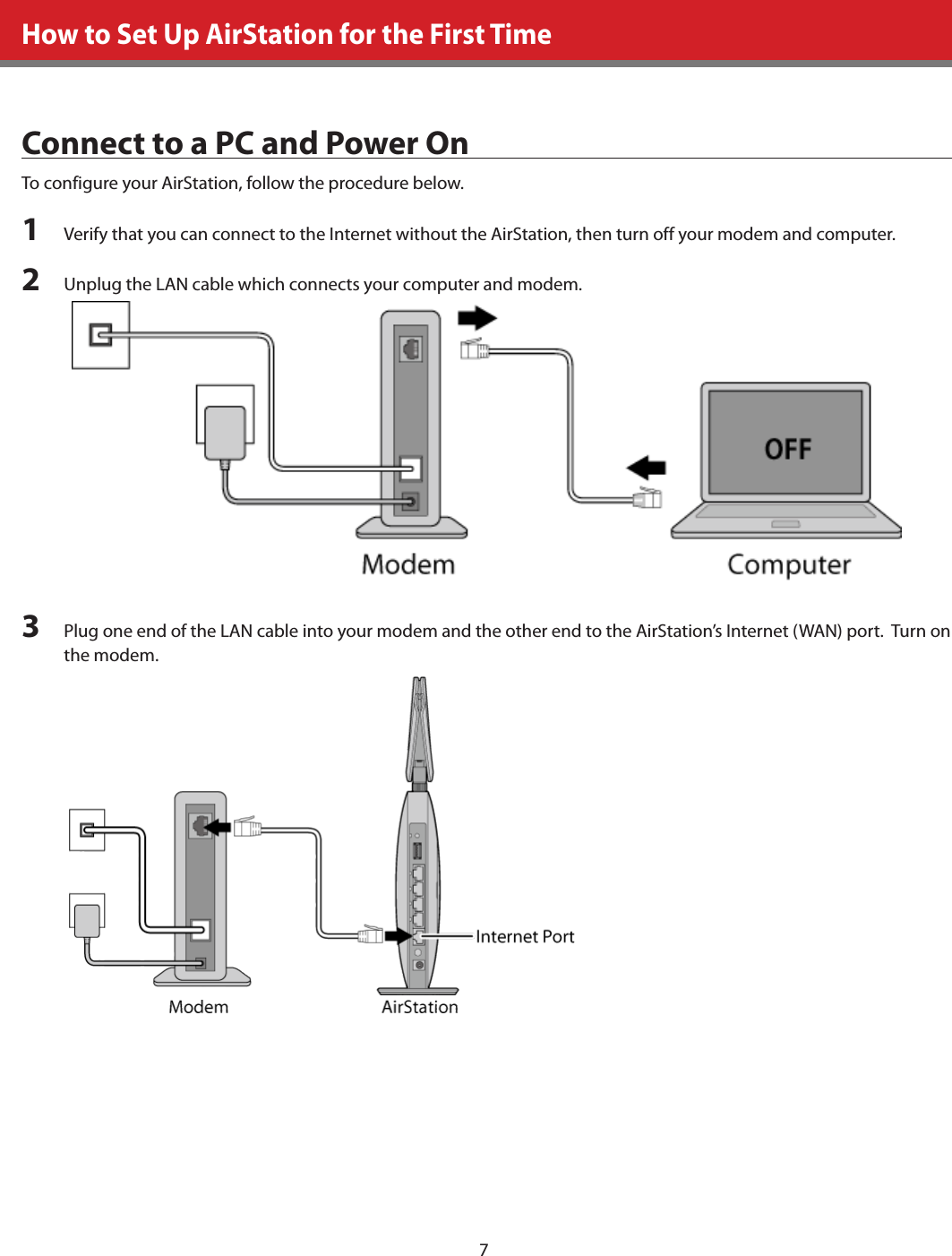 7How to Set Up AirStation for the First TimeConnect to a PC and Power OnTo configure your AirStation, follow the procedure below.1  Verify that you can connect to the Internet without the AirStation, then turn off your modem and computer. 2  Unplug the LAN cable which connects your computer and modem.3  Plug one end of the LAN cable into your modem and the other end to the AirStation’s Internet (WAN) port.  Turn on the modem. 