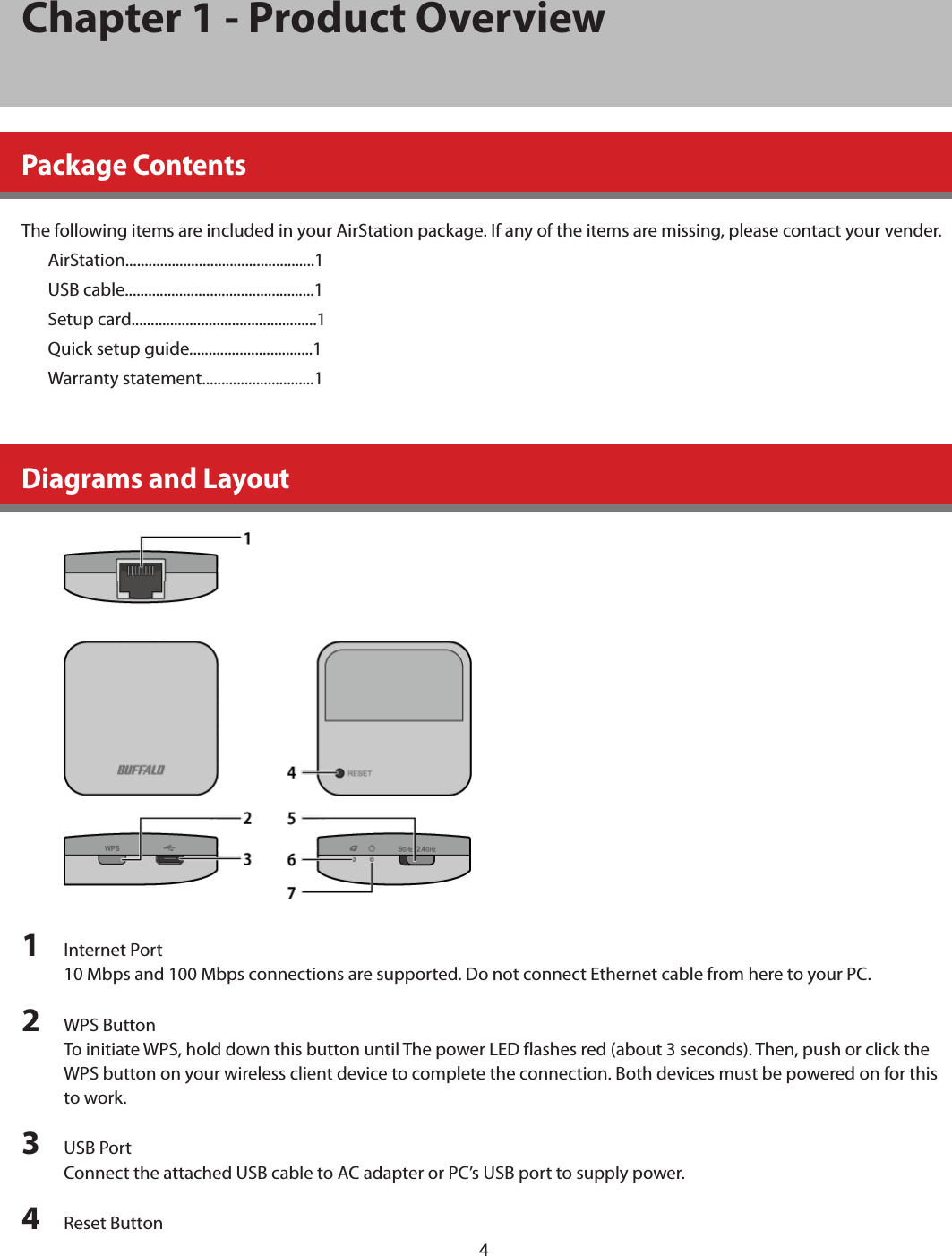 4Chapter 1 - Product OverviewPackage ContentsThe following items are included in your AirStation package. If any of the items are missing, please contact your vender.AirStation.................................................1USB cable.................................................1Setup card................................................1Quick setup guide................................1Warranty statement.............................1Diagrams and Layout1  Internet Port10 Mbps and 100 Mbps connections are supported. Do not connect Ethernet cable from here to your PC.2  WPS ButtonTo initiate WPS, hold down this button until The power LED flashes red (about 3 seconds). Then, push or click the WPS button on your wireless client device to complete the connection. Both devices must be powered on for this to work.3  USB PortConnect the attached USB cable to AC adapter or PC’s USB port to supply power.4  Reset Button