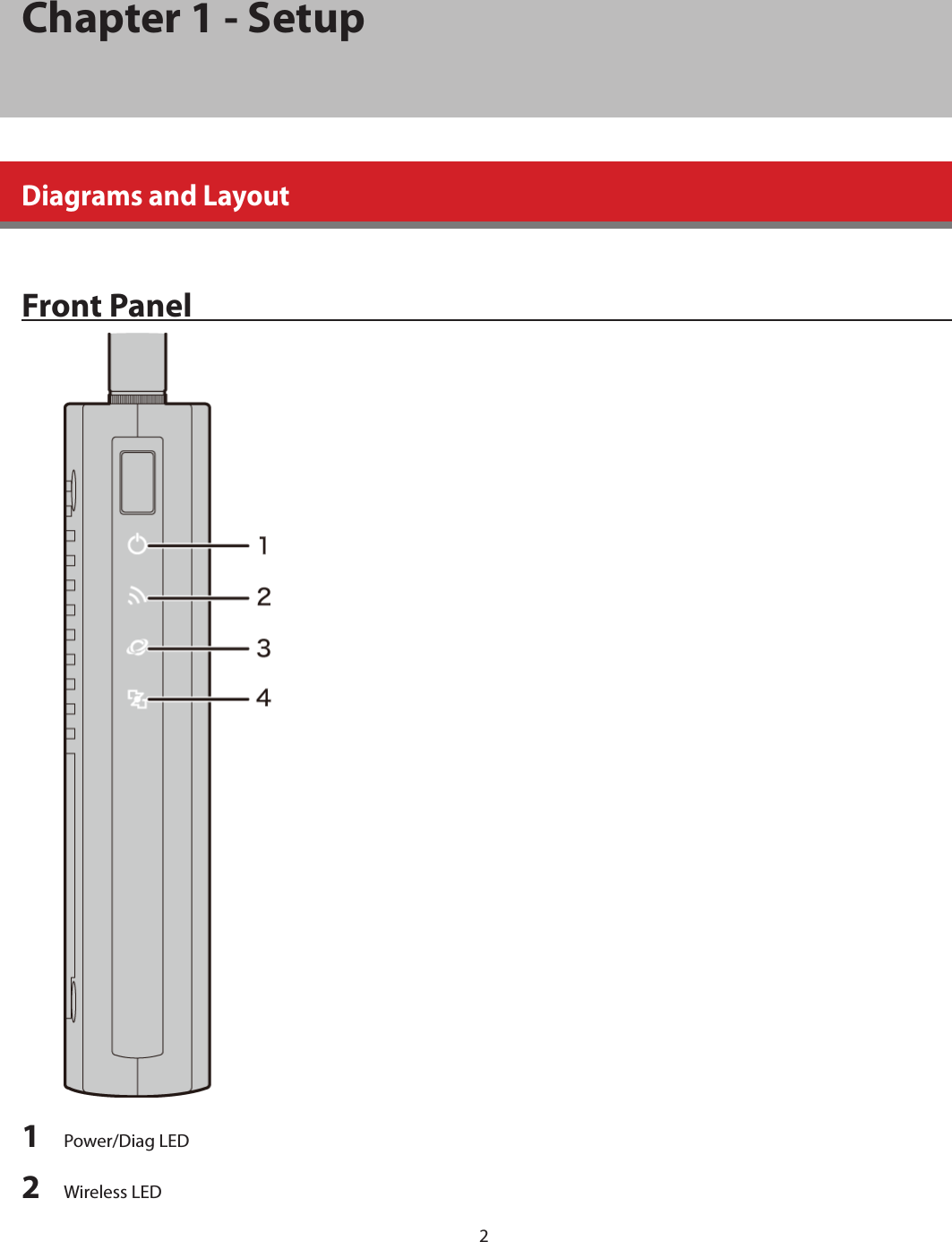 2Chapter 1 - SetupDiagrams and LayoutFront Panel1  Power/Diag LED 2  Wireless LED