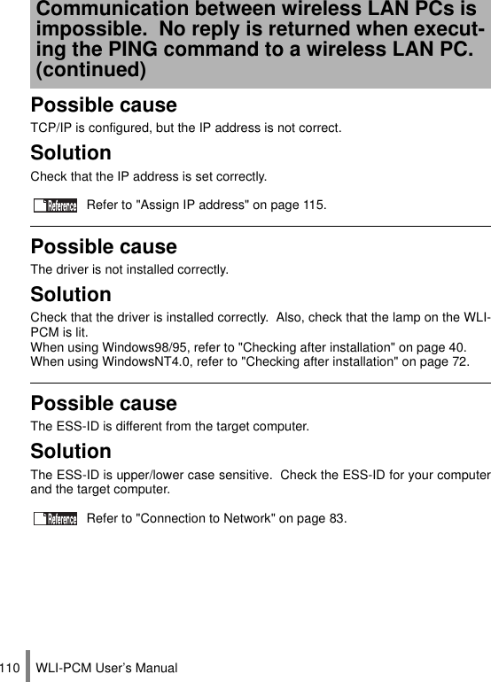 WLI-PCM User’s Manual110Possible causeTCP/IP is configured, but the IP address is not correct.SolutionCheck that the IP address is set correctly. Refer to &quot;Assign IP address&quot; on page 115.Possible causeThe driver is not installed correctly.SolutionCheck that the driver is installed correctly.  Also, check that the lamp on the WLI-PCM is lit.When using Windows98/95, refer to &quot;Checking after installation&quot; on page 40.When using WindowsNT4.0, refer to &quot;Checking after installation&quot; on page 72.Possible causeThe ESS-ID is different from the target computer.SolutionThe ESS-ID is upper/lower case sensitive.  Check the ESS-ID for your computerand the target computer. Refer to &quot;Connection to Network&quot; on page 83.Communication between wireless LAN PCs is impossible.  No reply is returned when execut-ing the PING command to a wireless LAN PC. (continued)