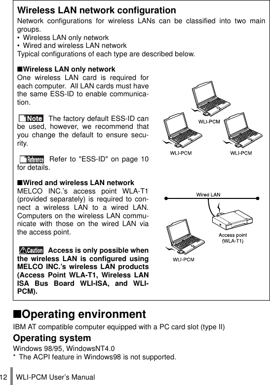 WLI-PCM User’s Manual12■Operating environmentIBM AT compatible computer equipped with a PC card slot (type II)Operating system Windows 98/95, WindowsNT4.0* The ACPI feature in Windows98 is not supported.Wireless LAN network configurationNetwork configurations for wireless LANs can be classified into two maingroups.• Wireless LAN only network• Wired and wireless LAN networkTypical configurations of each type are described below.■Wireless LAN only networkOne wireless LAN card is required foreach computer.  All LAN cards must havethe same ESS-ID to enable communica-tion. The factory default ESS-ID canbe used, however, we recommend thatyou change the default to ensure secu-rity. Refer to &quot;ESS-ID&quot; on page 10for details.■Wired and wireless LAN networkMELCO INC.’s access point WLA-T1(provided separately) is required to con-nect a wireless LAN to a wired LAN.Computers on the wireless LAN commu-nicate with those on the wired LAN viathe access point. Access is only possible whenthe wireless LAN is configured usingMELCO INC.’s wireless LAN products(Access Point WLA-T1, Wireless LANISA Bus Board WLI-ISA, and WLI-PCM).