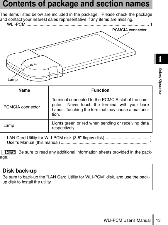 WLI-PCM User’s Manual 13The items listed below are included in the package.  Please check the packageand contact your nearest sales representative if any items are missing.WLI-PCM ....................................................................................................... 1LAN Card Utility for WLI-PCM disk (3.5&quot; floppy disk)..................................... 1User’s Manual (this manual) .......................................................................... 1 Be sure to read any additional information sheets provided in the pack-age.Contents of package and section namesName FunctionPCMCIA connectorTerminal connected to the PCMCIA slot of the com-puter.  Never touch the terminal with your barehands. Touching the terminal may cause a malfunc-tion.Lamp Lights green or red when sending or receiving datarespectively.Disk back-upBe sure to back-up the &quot;LAN Card Utility for WLI-PCM&quot; disk, and use the back-up disk to install the utility.