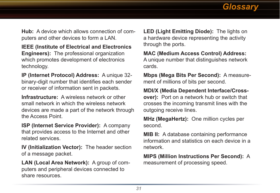 31LED (Light Emitting Diode):  The lights on a hardware device representing the activity through the ports. MAC (Medium Access Control) Address:  A unique number that distinguishes network cards. Mbps (Mega Bits Per Second):  A measure-ment of millions of bits per second. MDI/X (Media Dependent Interface/Cross-over):  Port on a network hub or switch that crosses the incoming transmit lines with the outgoing receive lines. MHz (MegaHertz):  One million cycles per second. MIB II:  A database containing performance information and statistics on each device in a network. MIPS (Million Instructions Per Second):  A measurement of processing speed. Hub:  A device which allows connection of com-puters and other devices to form a LAN.  IEEE (Institute of Electrical and Electronics Engineers):  The professional organization which promotes development of electronics technology.  IP (Internet Protocol) Address:  A unique 32-binary-digit number that identiﬁes each sender or receiver of information sent in packets. Infrastructure:  A wireless network or other small network in which the wireless network devices are made a part of the network through the Access Point. ISP (Internet Service Provider):  A company that provides access to the Internet and other related services. IV (Initialization Vector):  The header section of a message packet. LAN (Local Area Network):  A group of com-puters and peripheral devices connected to share resources. Glossary