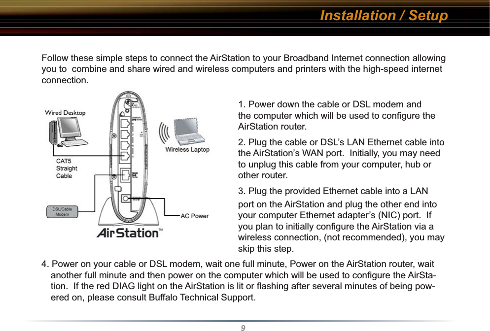 9Follow these simple steps to connect the AirStation to your Broadband Internet connection allowing you to  combine and share wired and wireless computers and printers with the high-speed internet connection. 1. Power down the cable or DSL modem and the computer which will be used to conﬁ gure the AirStation router.2. Plug the cable or DSL’s LAN Ethernet cable into the AirStation’s WAN port.  Initially, you may need to unplug this cable from your computer, hub or other router.3. Plug the provided Ethernet cable into a LAN port on the AirStation and plug the other end into your computer Ethernet adapter’s (NIC) port.  If you plan to initially conﬁ gure the AirStation via a wireless connection, (not recommended), you may skip this step.4. Power on your cable or DSL modem, wait one full minute, Power on the AirStation router, wait another full minute and then power on the computer which will be used to conﬁ gure the AirSta-tion.  If the red DIAG light on the AirStation is lit or ﬂ ashing after several minutes of being pow-ered on, please consult Buffalo Technical Support.Installation / Setup