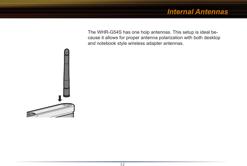 12The WHR-G54S has one hoip antennas. This setup is ideal be-cause it allows for proper antenna polarization with both desktop and notebook style wireless adapter antennas.Internal Antennas