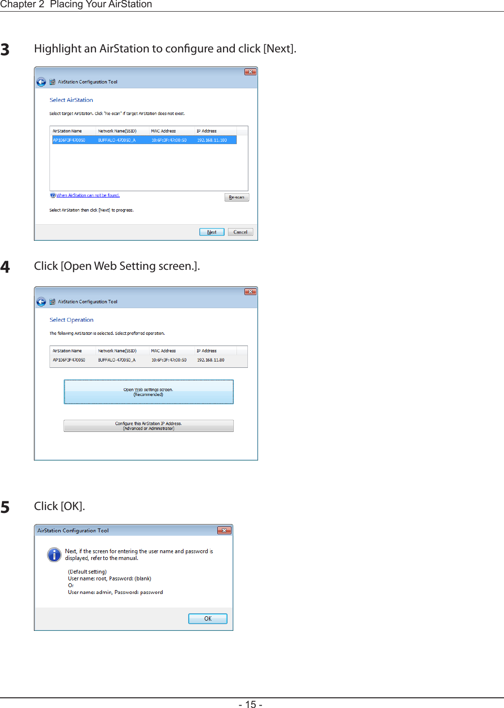 Chapter 2  Placing Your AirStation- 15 -3Highlight an AirStation to congure and click [Next].4Click [Open Web Setting screen.].5Click [OK].