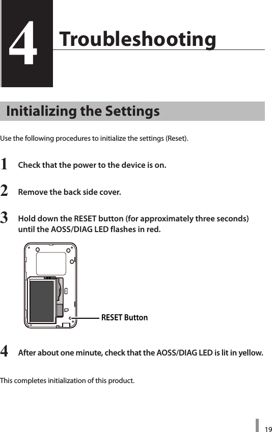 194  Troubleshooting4Initializing the SettingsUse the following procedures to initialize the settings (Reset). 1  Check that the power to the device is on.2  Remove the back side cover.3  Hold down the RESET button (for approximately three seconds)  until the AOSS/DIAG LED flashes in red.4  After about one minute, check that the AOSS/DIAG LED is lit in yellow.This completes initialization of this product. RESET Button