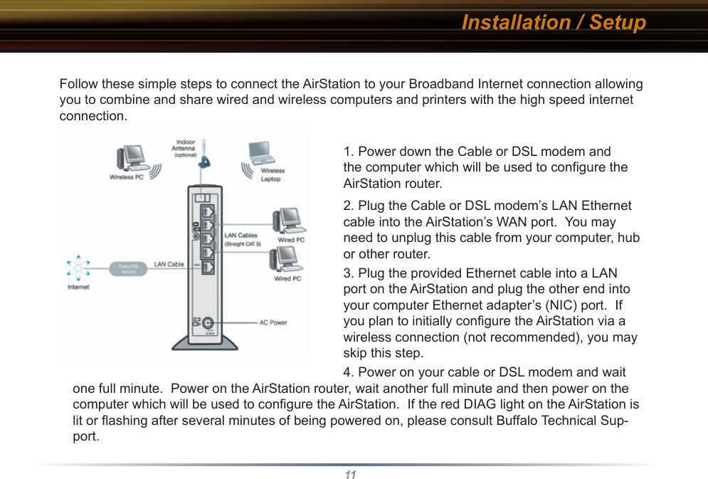 11Follow these simple steps to connect the AirStation to your Broadband Internet connection allowing you to combine and share wired and wireless computers and printers with the high speed internet connection. 1. Power down the Cable or DSL modem and the computer which will be used to conﬁgure the AirStation router.2. Plug the Cable or DSL modem’s LAN Ethernet cable into the AirStation’s WAN port.  You may need to unplug this cable from your computer, hub or other router.3. Plug the provided Ethernet cable into a LAN port on the AirStation and plug the other end into your computer Ethernet adapter’s (NIC) port.  If you plan to initially conﬁgure the AirStation via a wireless connection (not recommended), you may skip this step.4. Power on your cable or DSL modem and wait one full minute.  Power on the AirStation router, wait another full minute and then power on the computer which will be used to conﬁgure the AirStation.  If the red DIAG light on the AirStation is lit or ﬂashing after several minutes of being powered on, please consult Buffalo Technical Sup-port.Installation / Setup