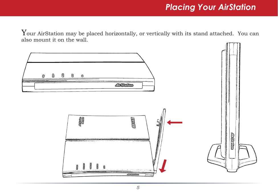 5Placing Your AirStationYourAirStationmaybeplacedhorizontally,orverticallywithitsstandattached.Youcanalsomountitonthewall.         