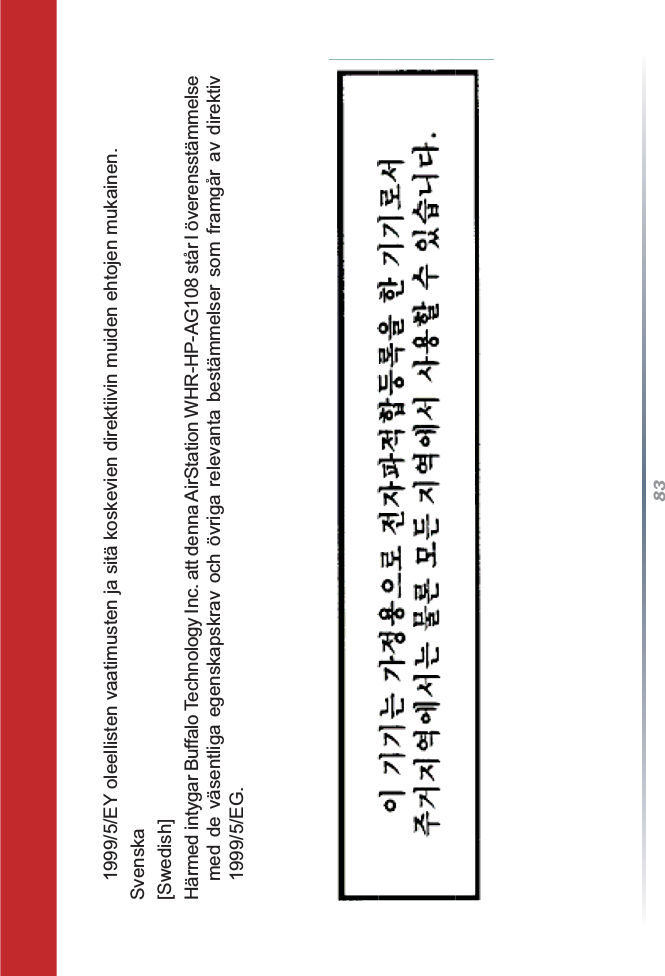831999/5/EY oleellisten vaatimusten ja sitä koskevien direktiivin muiden ehtojen mukainen.Svenska[Swedish]Härmed intygar Buffalo Technology Inc. att denna AirStation WHR-HP-AG108 står I överensstämmelse med de väsentliga egenskapskrav och övriga relevanta bestämmelser som framgår av direktiv 1999/5/EG.
