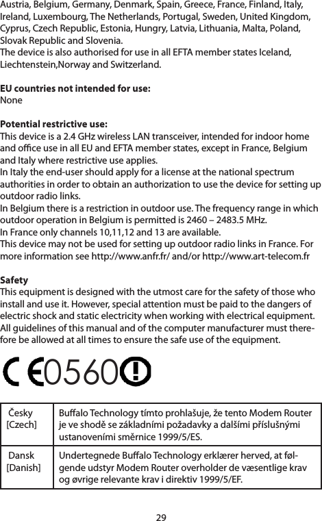 29Austria, Belgium, Germany, Denmark, Spain, Greece, France, Finland, Italy, Ireland,Luxembourg,TheNetherlands,Portugal,Sweden,UnitedKingdom,Cyprus,CzechRepublic,Estonia,Hungry,Latvia,Lithuania,Malta,Poland,SlovakRepublicandSlovenia.ThedeviceisalsoauthorisedforuseinallEFTAmemberstatesIceland,Liechtenstein,NorwayandSwitzerland.EU countries not intended for use:NonePotential restrictive use:Thisdeviceisa2.4GHzwirelessLANtransceiver,intendedforindoorhomeandoceuseinallEUandEFTAmemberstates,exceptinFrance,BelgiumandItalywhererestrictiveuseapplies.In Italy the end-user should apply for a license at the national spectrum authoritiesinordertoobtainanauthorizationtousethedeviceforsettingupoutdoor radio links.InBelgiumthereisarestrictioninoutdooruse.ThefrequencyrangeinwhichoutdooroperationinBelgiumispermittedis2460–2483.5MHz.InFranceonlychannels10,11,12and13areavailable.ThisdevicemaynotbeusedforsettingupoutdoorradiolinksinFrance.Formore information see http://www.anfr.fr/ and/or http://www.art-telecom.frSafetyThisequipmentisdesignedwiththeutmostcareforthesafetyofthosewhoinstallanduseit.However,specialattentionmustbepaidtothedangersofelectricshockandstaticelectricitywhenworkingwithelectricalequipment.All guidelines of this manual and of the computer manufacturer must there-forebeallowedatalltimestoensurethesafeuseoftheequipment.0560  Česky [Czech]Bualo Technology tímto prohlašuje, že tento Modem Router jeveshoděsezákladnímipožadavkyadalšímipříslušnýmiustanovenímisměrnice1999/5/ES. Dansk [Danish]UndertegnedeBualoTechnologyerklærerherved,atføl-gendeudstyrModemRouteroverholderdevæsentligekravogøvrigerelevantekravidirektiv1999/5/EF.