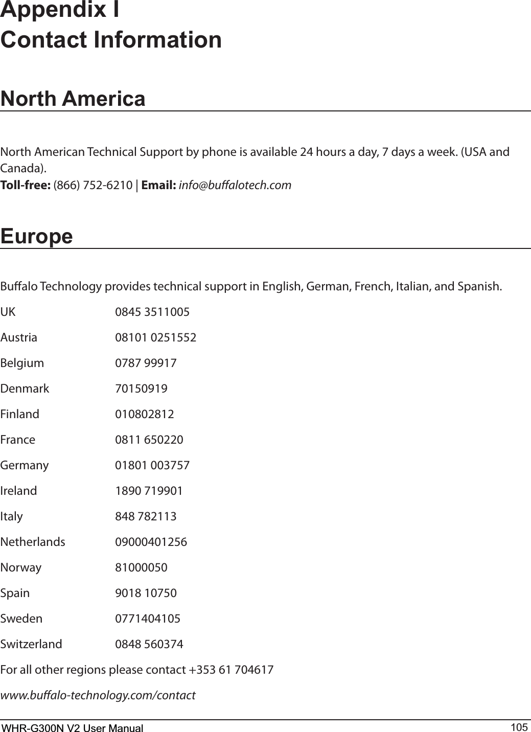 WHR-G300N User Manual 105Appendix I Contact InformationNorth America/PSUI&quot;NFSJDBO5FDIOJDBM4VQQPSUCZQIPOFJTBWBJMBCMFIPVSTBEBZEBZTBXFFL64&quot;BOE$BOBEBToll-free:]Email: info@bualotech.comEurope#VòBMP5FDIOPMPHZQSPWJEFTUFDIOJDBMTVQQPSUJO&amp;OHMJTI(FSNBO&apos;SFODI*UBMJBOBOE4QBOJTI6,   &quot;VTUSJB  #FMHJVN  %FONBSL  &apos;JOMBOE  &apos;SBODF  (FSNBOZ  *SFMBOE  *UBMZ   /FUIFSMBOET  /PSXBZ  4QBJO   4XFEFO  4XJU[FSMBOE  &apos;PSBMMPUIFSSFHJPOTQMFBTFDPOUBDUwww.bualo-technology.com/contactWHR-G300N V2 User Manual