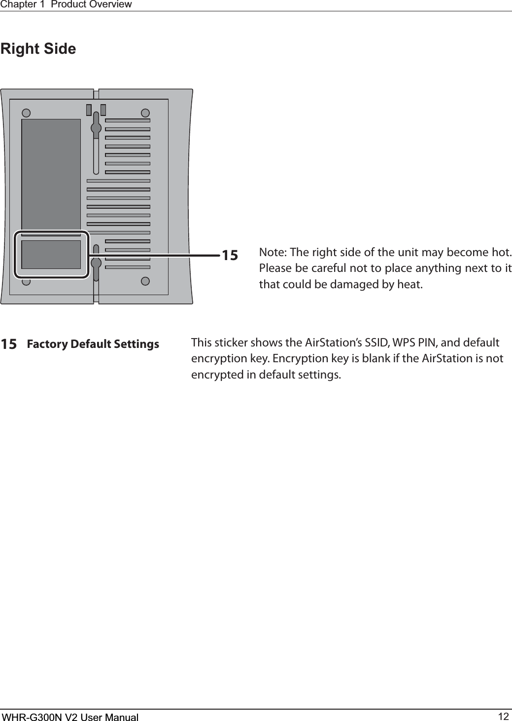 15WHR-G300N User Manual 12Chapter 1  Product OverviewRight Side15 Factory Default Settings 5IJTTUJDLFSTIPXTUIF&quot;JS4UBUJPOT44*%8141*/BOEEFGBVMUFODSZQUJPOLFZ&amp;ODSZQUJPOLFZJTCMBOLJGUIF&quot;JS4UBUJPOJTOPUencrypted in default settings. Note: The right side of the unit may become hot. 1MFBTFCFDBSFGVMOPUUPQMBDFBOZUIJOHOFYUUPJUthat could be damaged by heat.WHR-G300N V2 User Manual