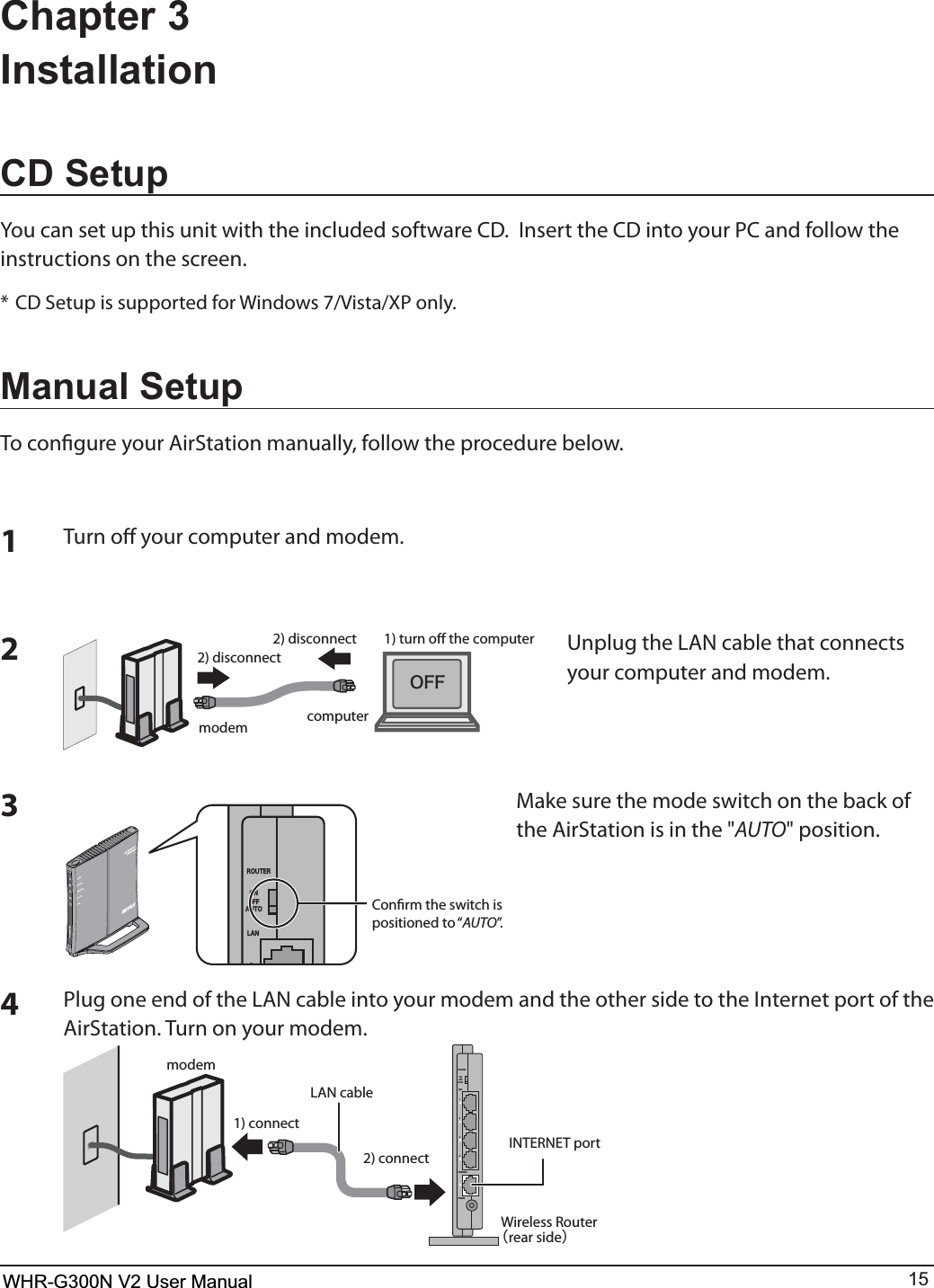 WHR-G300N User Manual 15Chapter 3 InstallationCD Setup:PVDBOTFUVQUIJTVOJUXJUIUIFJODMVEFETPGUXBSF$%*OTFSUUIF$%JOUPZPVS1$BOEGPMMPXUIFinstructions on the screen.$%4FUVQJTTVQQPSUFEGPS8JOEPXT7JTUB91POMZManual SetupTo congure your AirStation manually, follow the procedure below.1computermodem2) disconnect2) disconnectÏÆÆ1) turn o the computerTurn o your computer and modem.26OQMVHUIF-&quot;/DBCMFUIBUDPOOFDUTyour computer and modem.3Make sure the mode switch on the back of the AirStation is in the &quot;AUTO&quot; position.41MVHPOFFOEPGUIF-&quot;/DBCMFJOUPZPVSNPEFNBOEUIFPUIFSTJEFUPUIF*OUFSOFUQPSUPGUIFAirStation. Turn on your modem.Conrm the switch is positioned to “AUTO”.ÒÏÕÔÅÒÌÁÎᴮÏÎÏÆÆÁÕÔÏÐÏ×ÅÒÓÅÃÕÒÉÔÙ×ÅÉÒÅÌÅÓÓÒÏÕÔÅÒÄÉÁÇmodemINTERNET portWireless Routerᴥrear sideᴦ2) connect1) connectLAN cableÒÏÕÔÅÒÐÏ×ÅÒÉÎÔÅÒÎÅÔÌÁÎᴮᴯᴰᴱÏÎÏÆÆÁÕÔÏWHR-G300N V2 User Manual