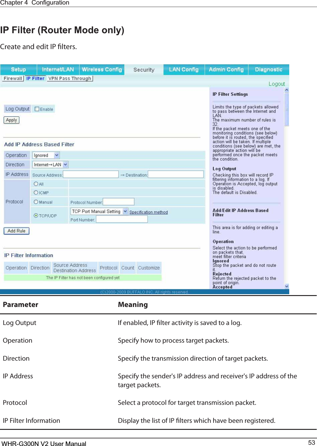 &amp;KDSWHU&amp;RQ¿JXUDWLRQWHR-G300N User Manual 53,3)LOWHU5RXWHU0RGHRQO\$SFBUFBOEFEJU*1öMUFSTParameter Meaning-PH0VUQVU *GFOBCMFE*1öMUFSBDUJWJUZJTTBWFEUPBMPHOperation Specify how to process target packets.Direction Specify the transmission direction of target packets.*1&quot;EESFTT 4QFDJGZUIFTFOEFShT*1BEESFTTBOESFDFJWFShT*1BEESFTTPGUIFtarget packets.Protocol Select a protocol for target transmission packet.*1&apos;JMUFS*OGPSNBUJPO %JTQMBZUIFMJTUPG*1öMUFSTXIJDIIBWFCFFOSFHJTUFSFEWHR-G300N V2 User Manual