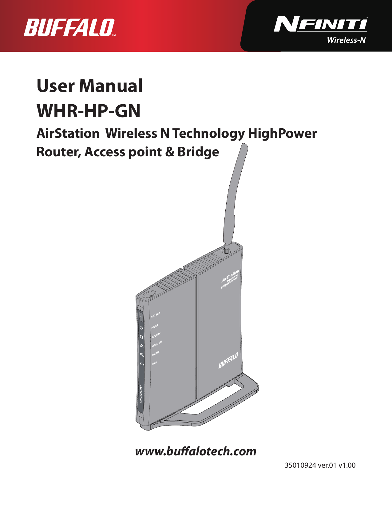 User ManualWHR-HP-GN AirStation  Wireless N Technology HighPower  Router, Access point &amp; Bridgewww.bualotech.com35010924 ver.01 v1.00ÐÏ×ÅÒÓÅÃÕÒÉÔÙ×ÅÉÒÅÌÅÓÓÒÏÕÔÅÒÄÉÁÇ