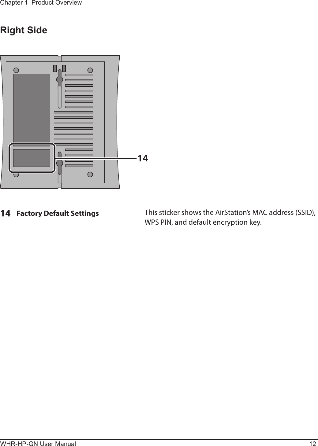 14WHR-HP-GN User Manual 12Chapter 1  Product OverviewRight Side14  Factory Default Settings     This sticker shows the AirStation’s MAC address (SSID), WPS PIN, and default encryption key.